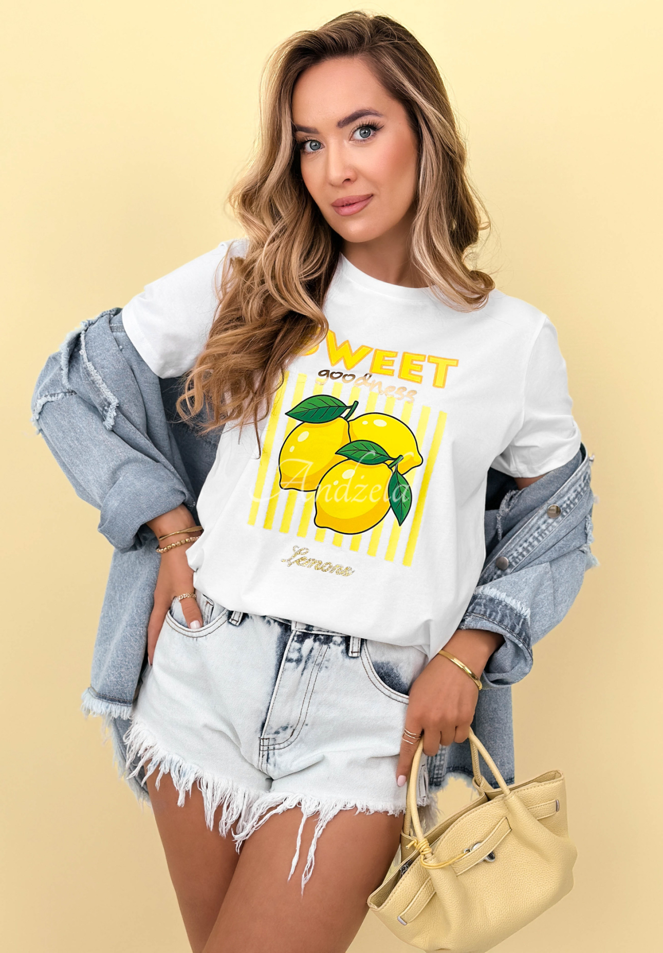 Cotton T-shirt with Sweet Goodness print, white and yellow