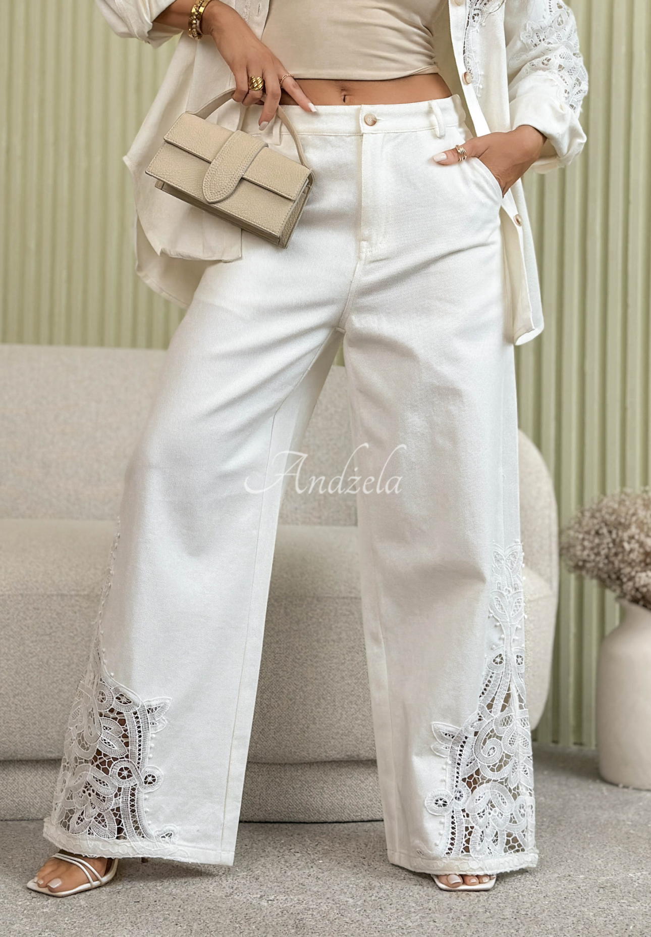 Wide Leg Hose mit Spitze Eleanor Ecru