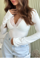 Bluse longsleeve z dekoltem i koronką Subtle Touch Ecru