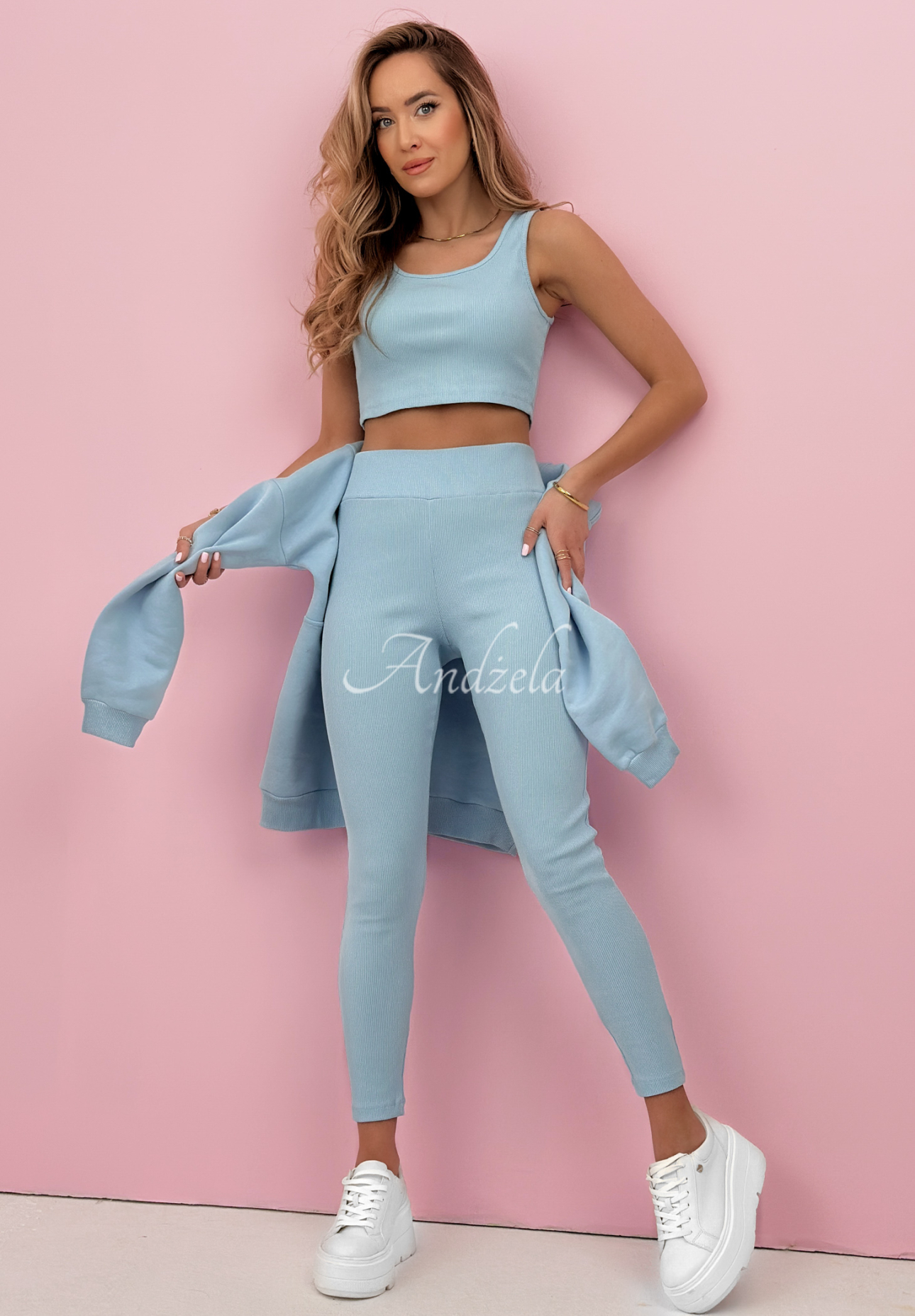 Cotton set: sweatshirt, leggings, 3-in-1 top Look At Me light blue