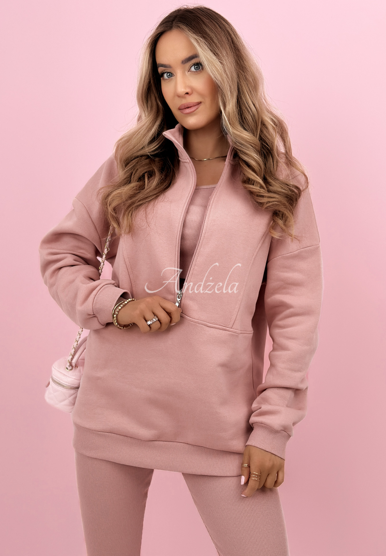 Baumwollset Sweatshirt, Leggings und 3-in-1-Top Look At Me Puderrosa