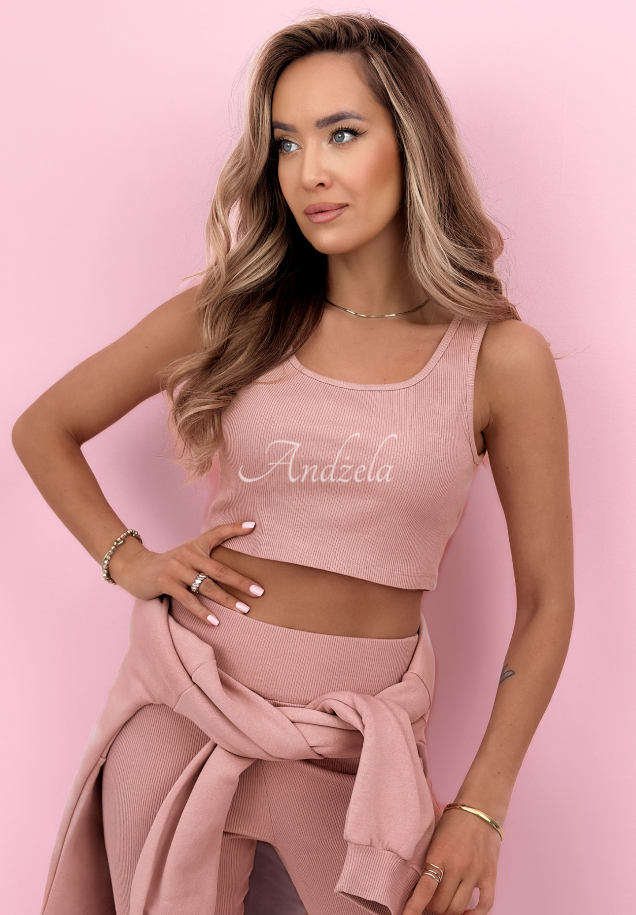 Baumwollset Sweatshirt, Leggings und 3-in-1-Top Look At Me Puderrosa