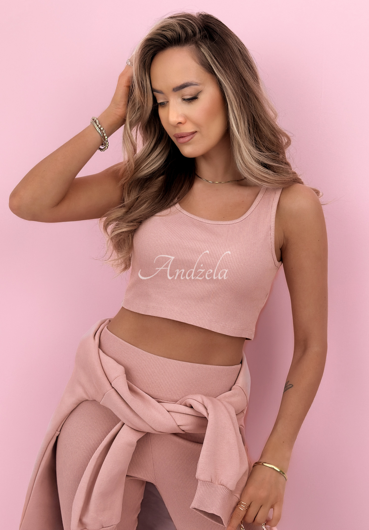 Baumwollset Sweatshirt, Leggings und 3-in-1-Top Look At Me Puderrosa