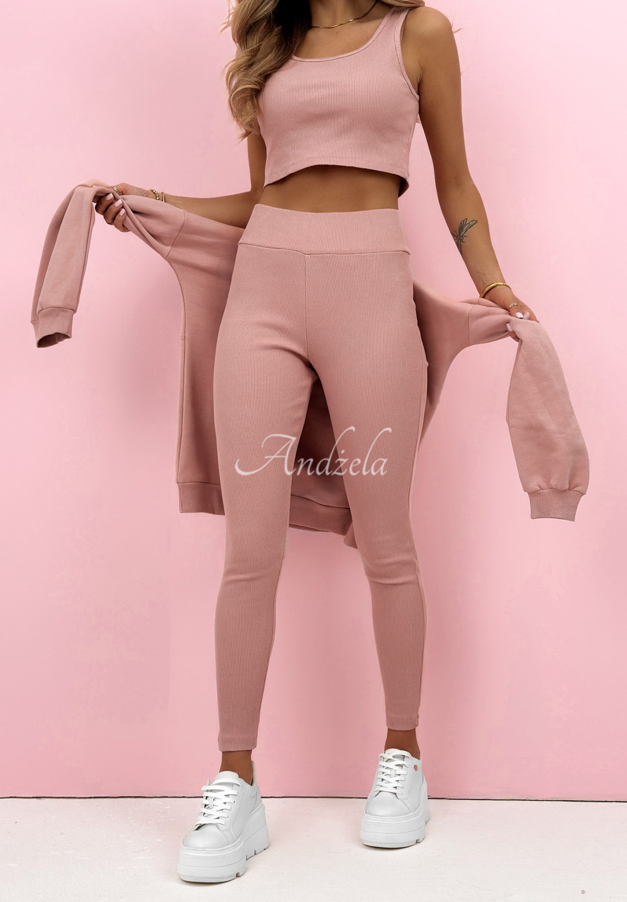Cotton set: sweatshirt, leggings, 3-in-1 top Look At Me powder pink