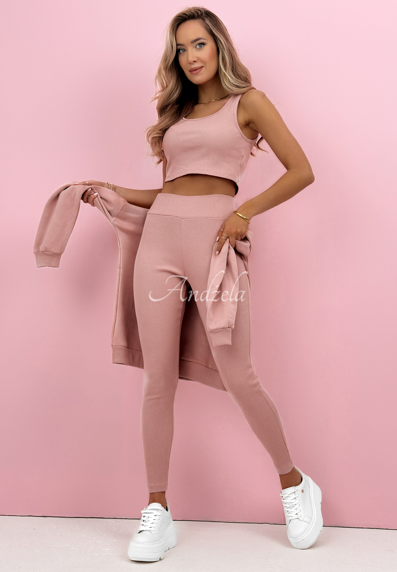 Baumwollset Sweatshirt, Leggings und 3-in-1-Top Look At Me Puderrosa