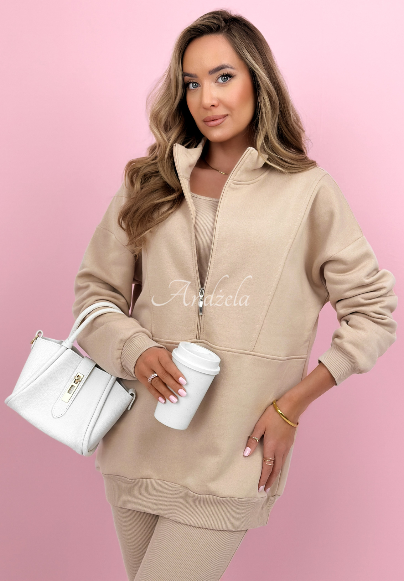 Cotton set: sweatshirt, leggings, 3-in-1 top Look At Me beige