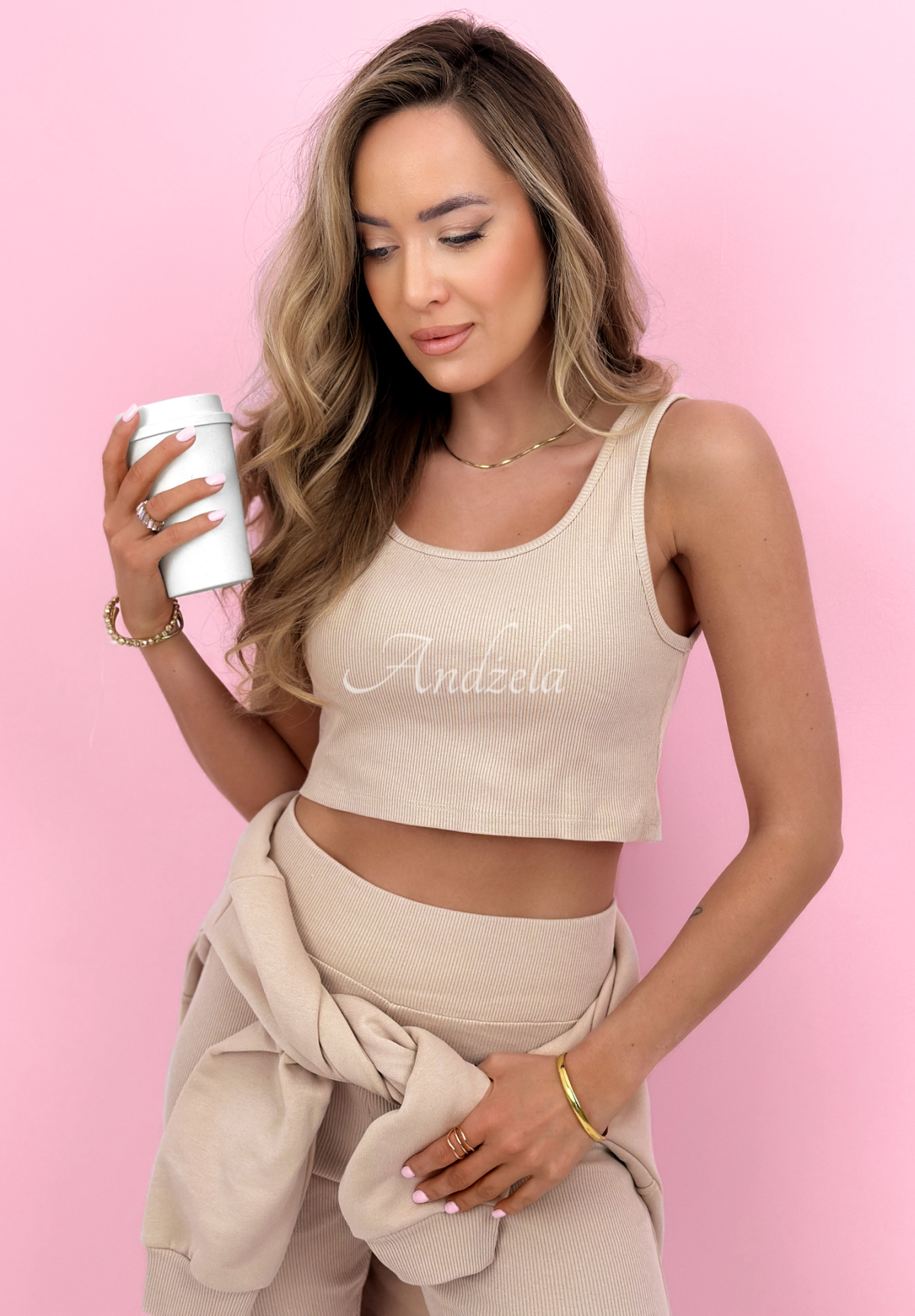 Baumwollset Sweatshirt, Leggings und 3-in-1-Top Look At Me Beige