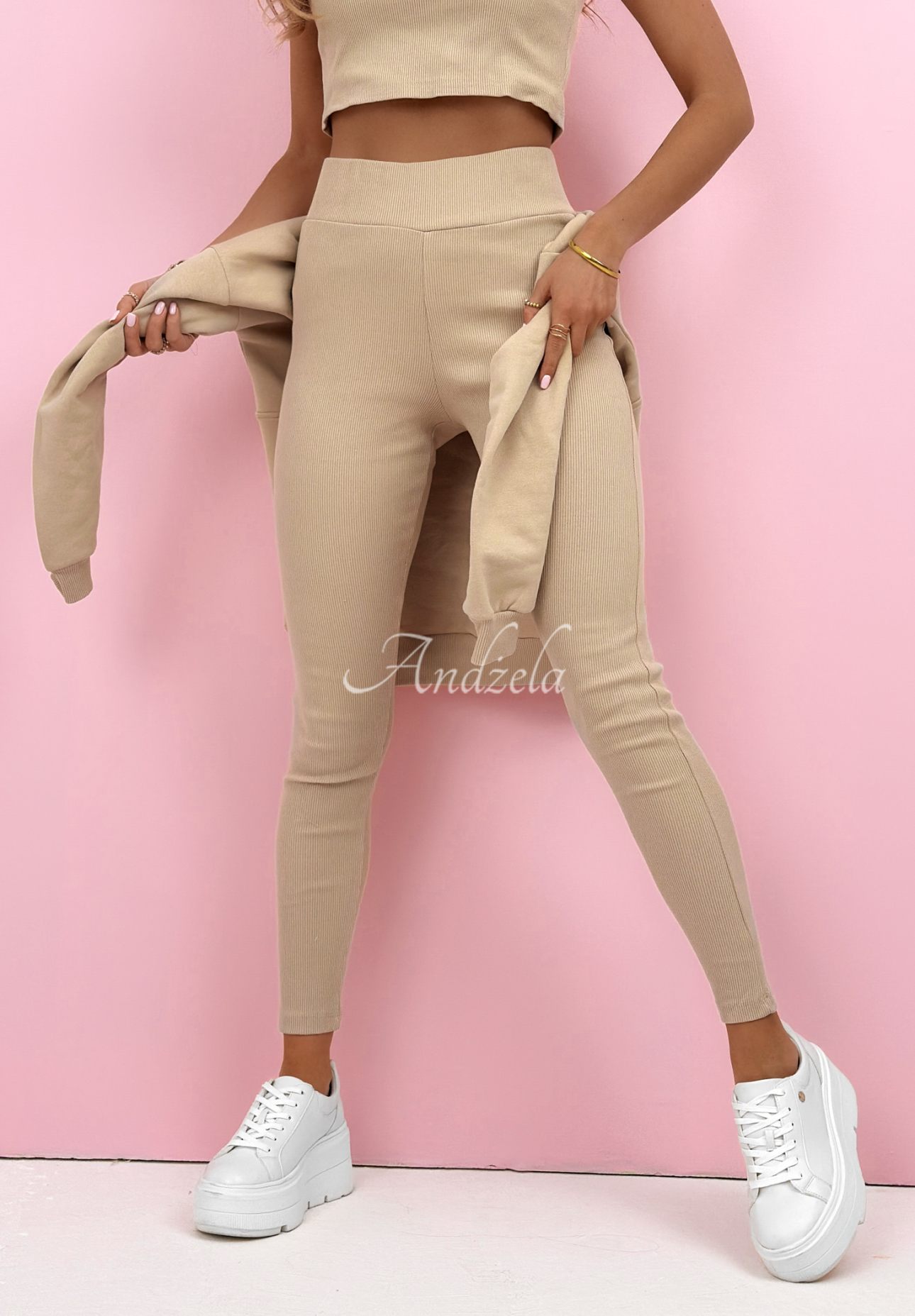 Baumwollset Sweatshirt, Leggings und 3-in-1-Top Look At Me Beige