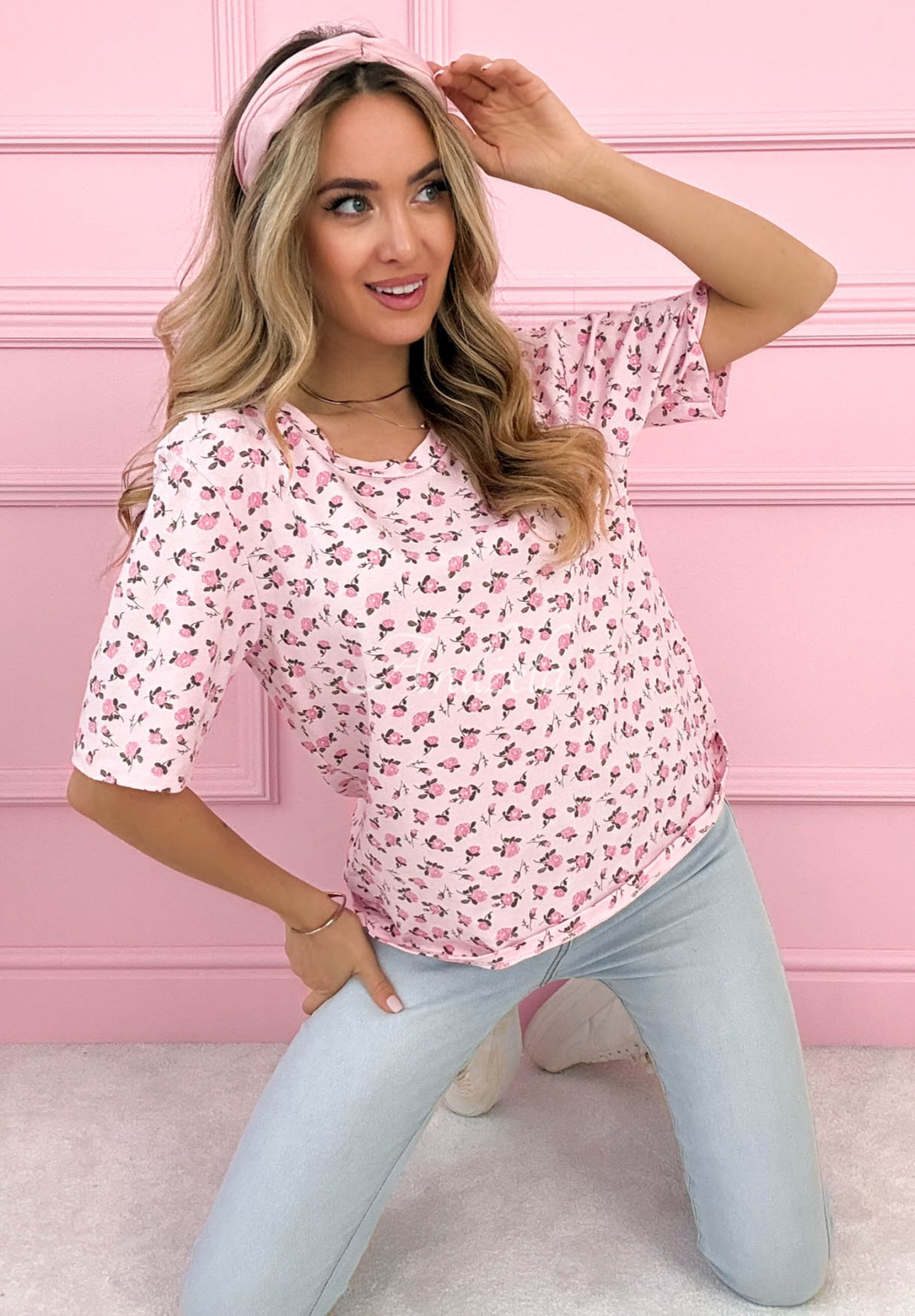 La Rosa pink cotton T-shirt with roses