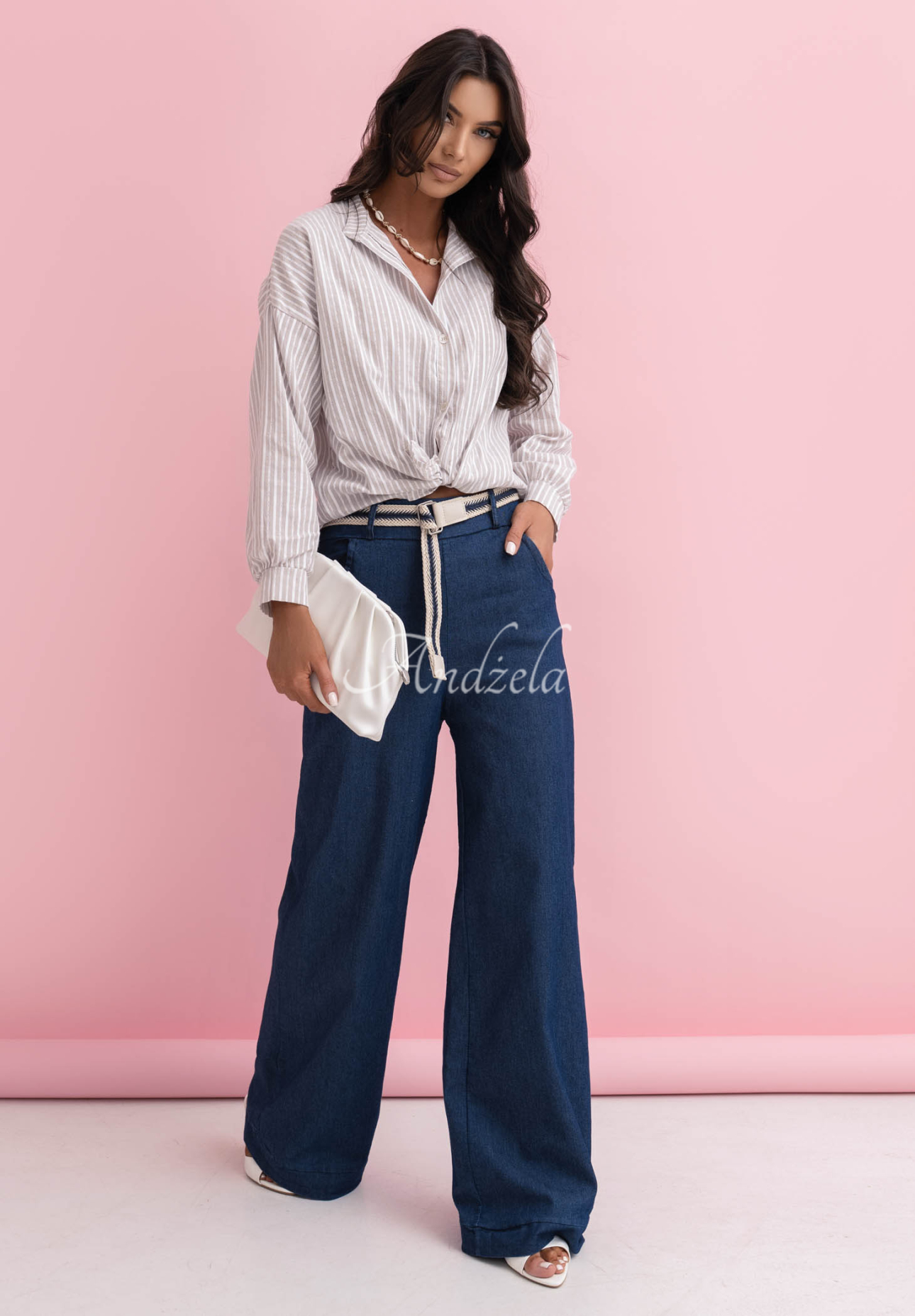 Arianna dark blue straight cotton pants with belt