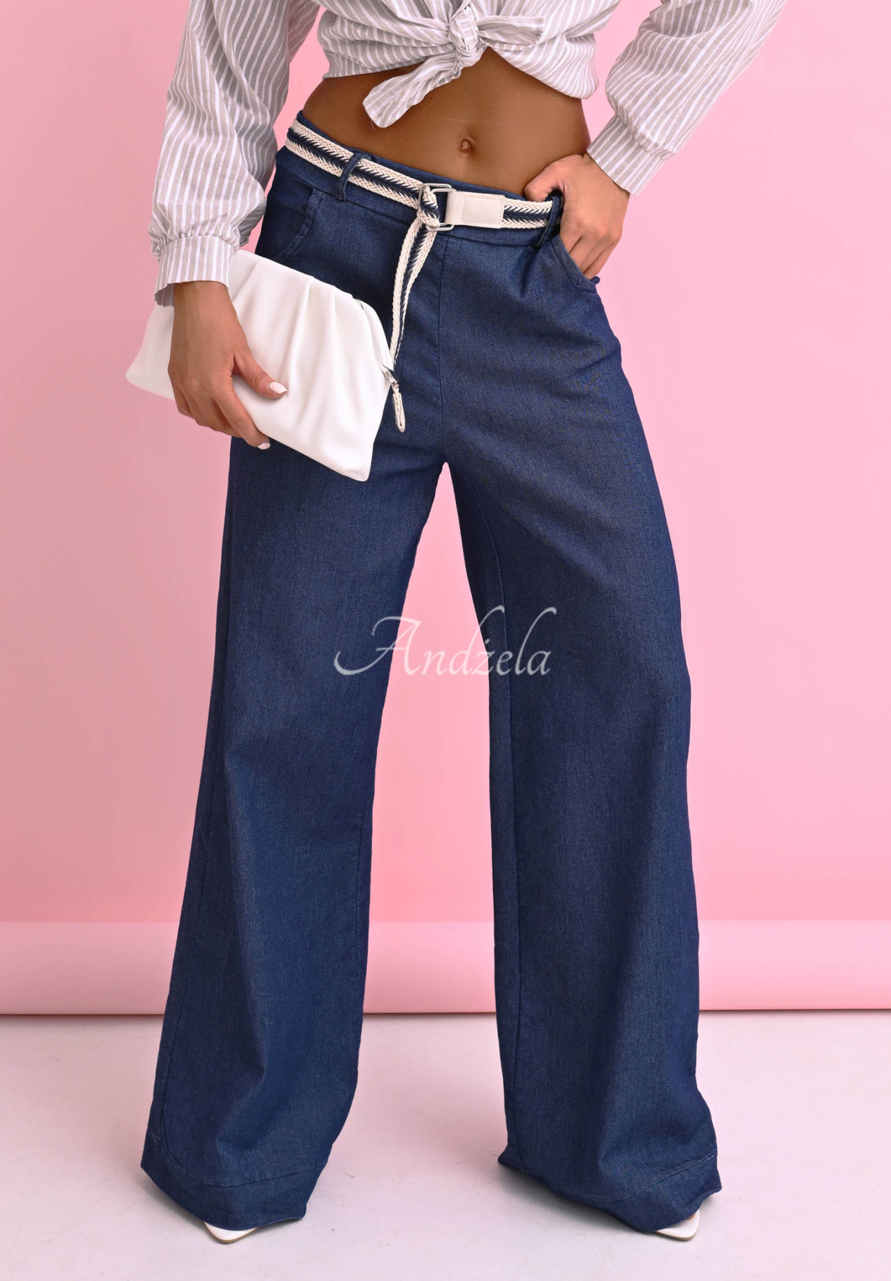Arianna dark blue straight cotton pants with belt