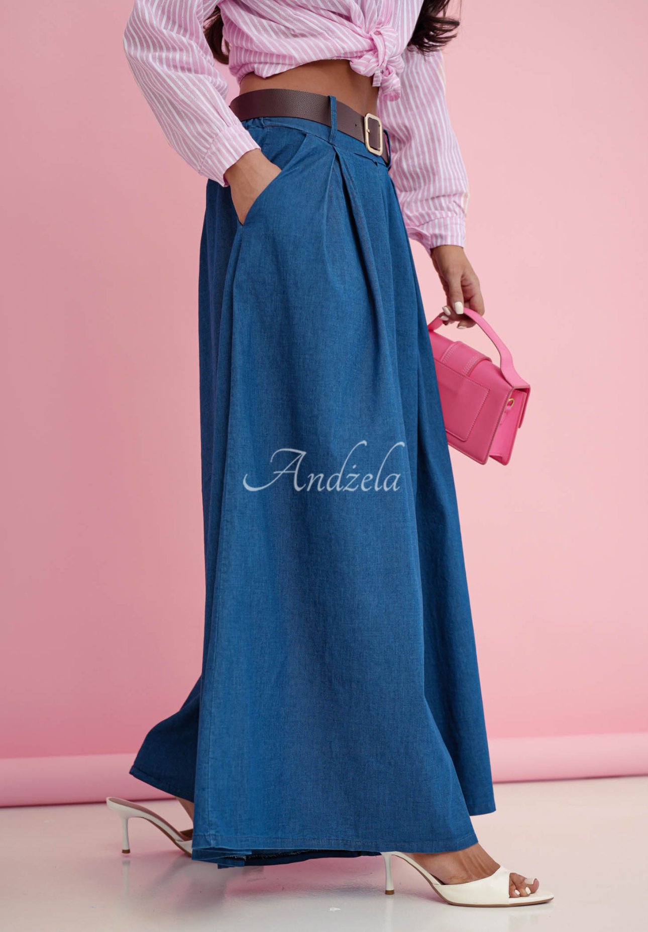 Amelia blue wide-leg cotton pants with belt