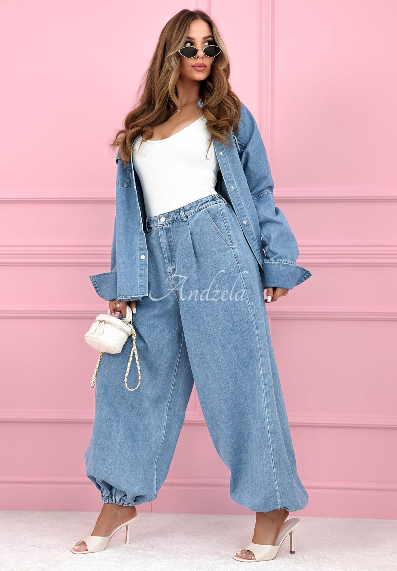Emmeline blue denim shirt and balloon pants set