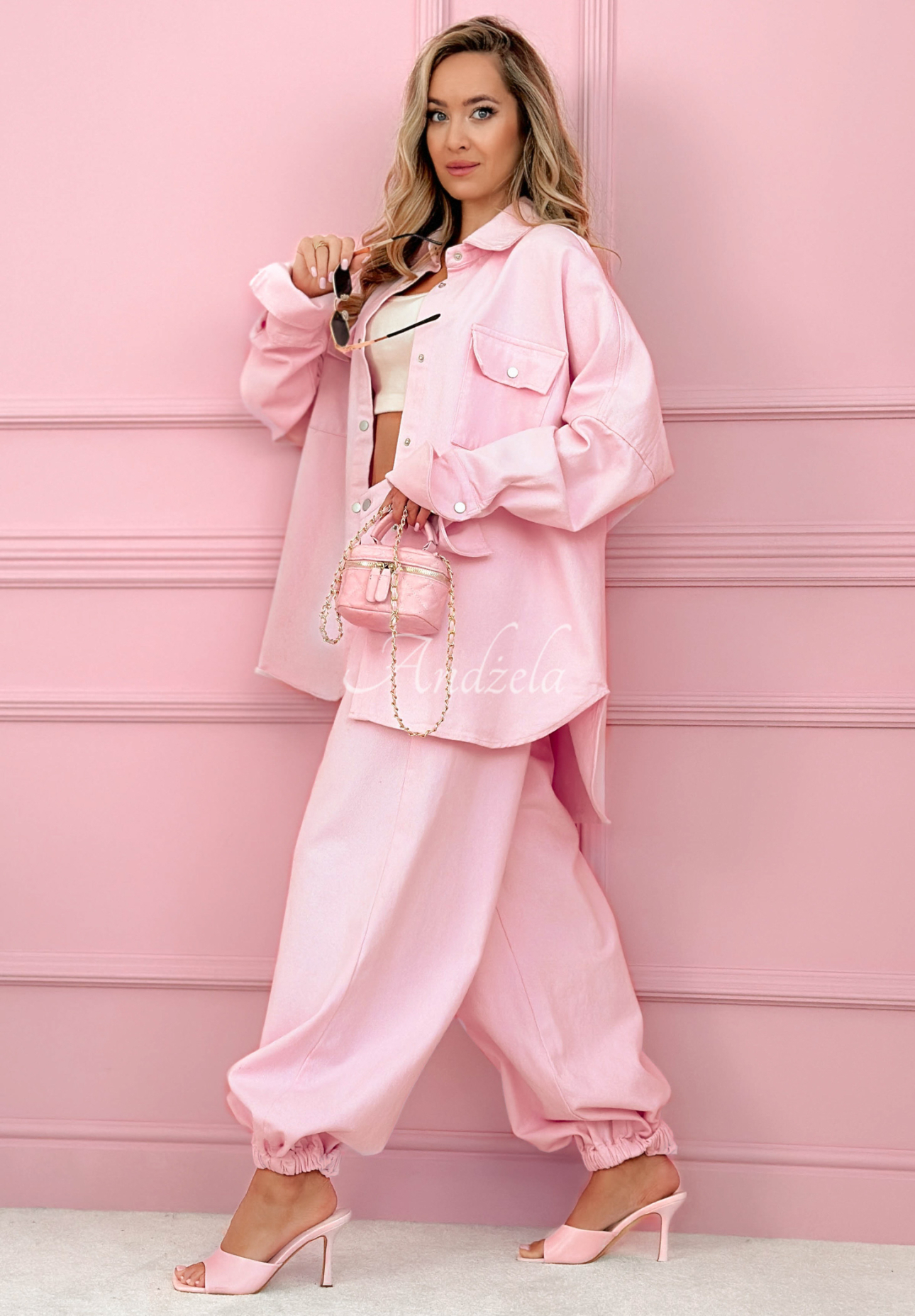 Emmeline powder pink denim shirt and balloon pants set
