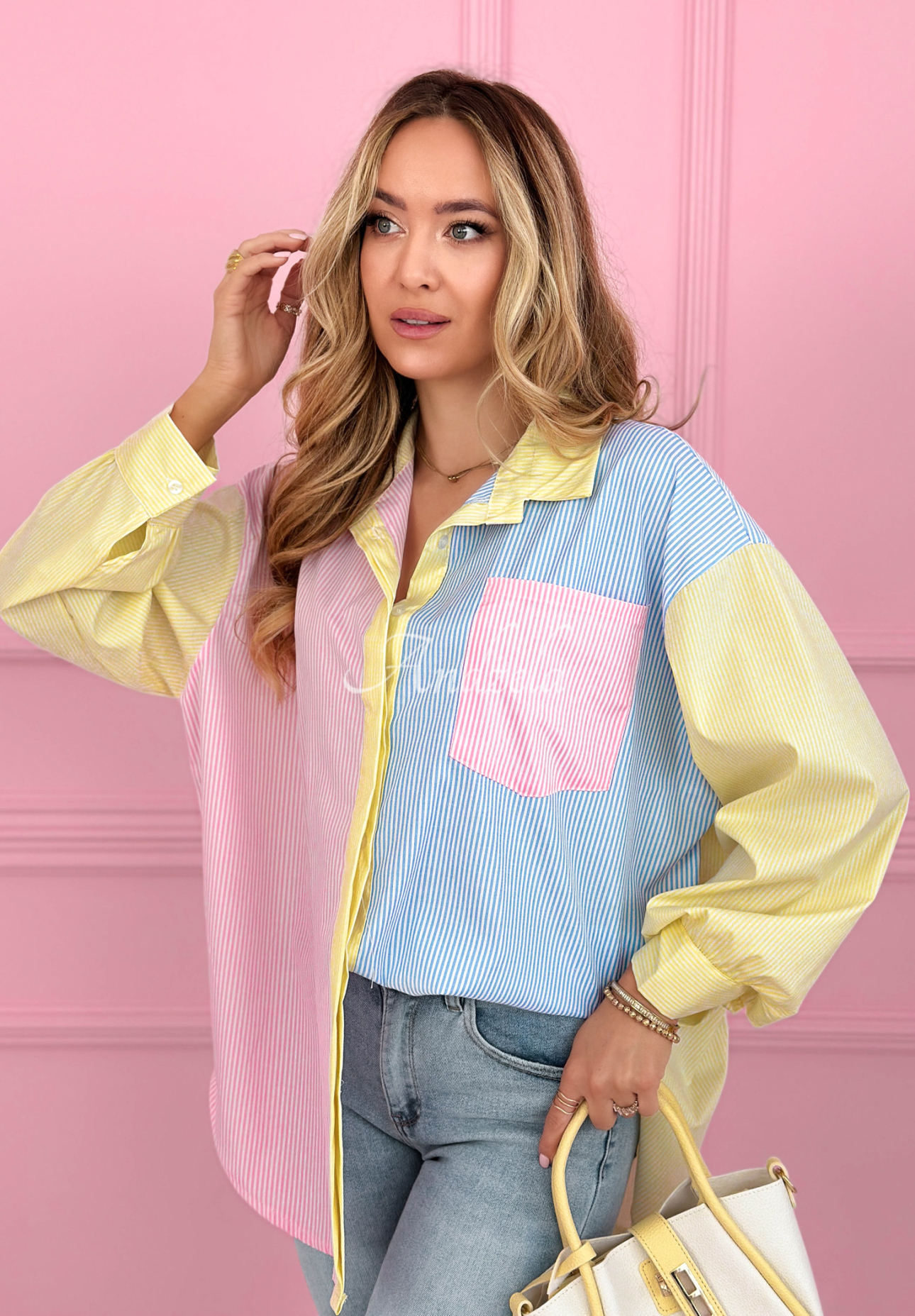 Colorful striped cotton shirt Katherine blue and pink