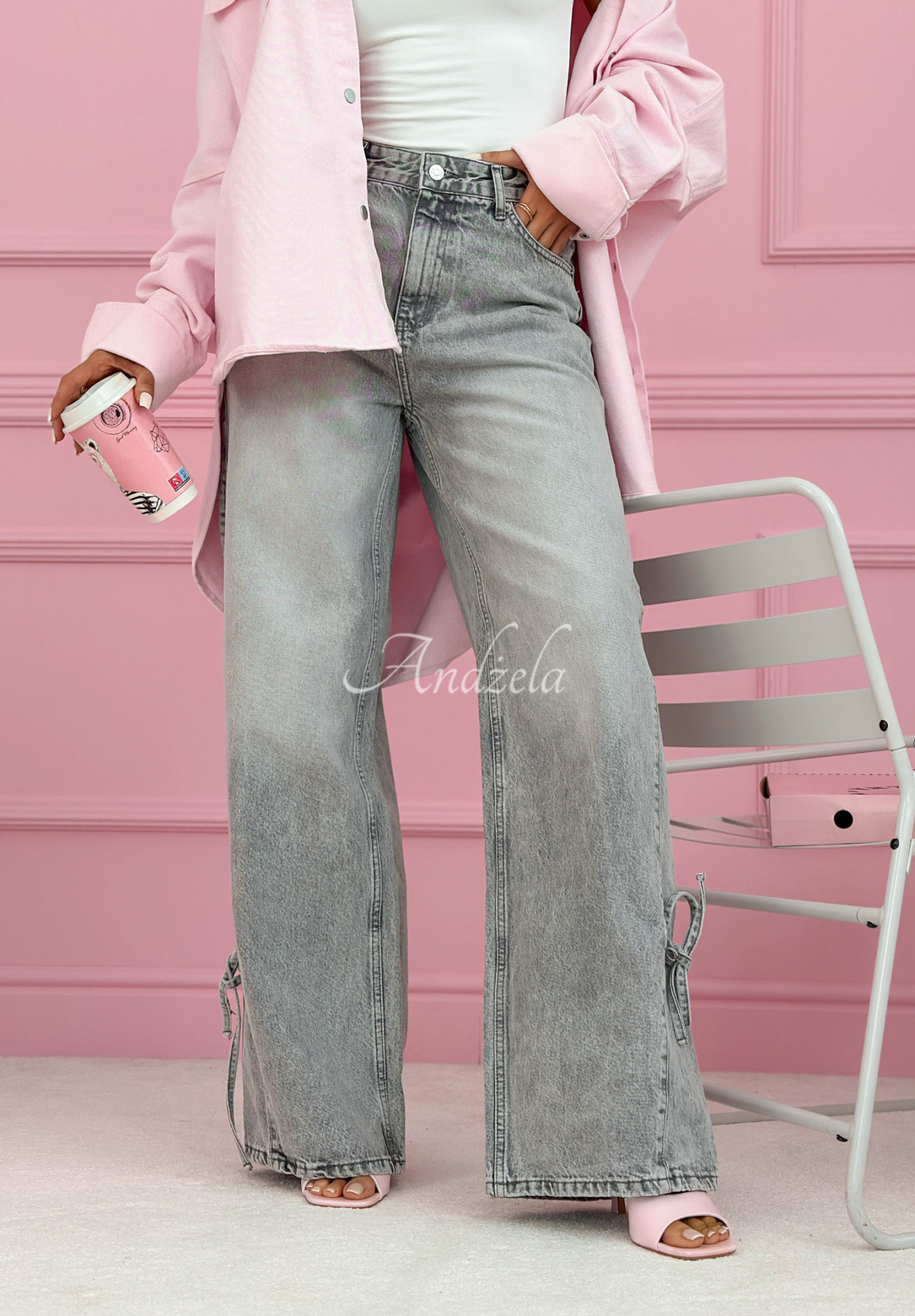 Jeanshose wide leg mit Schleifen Aracello hellgrau