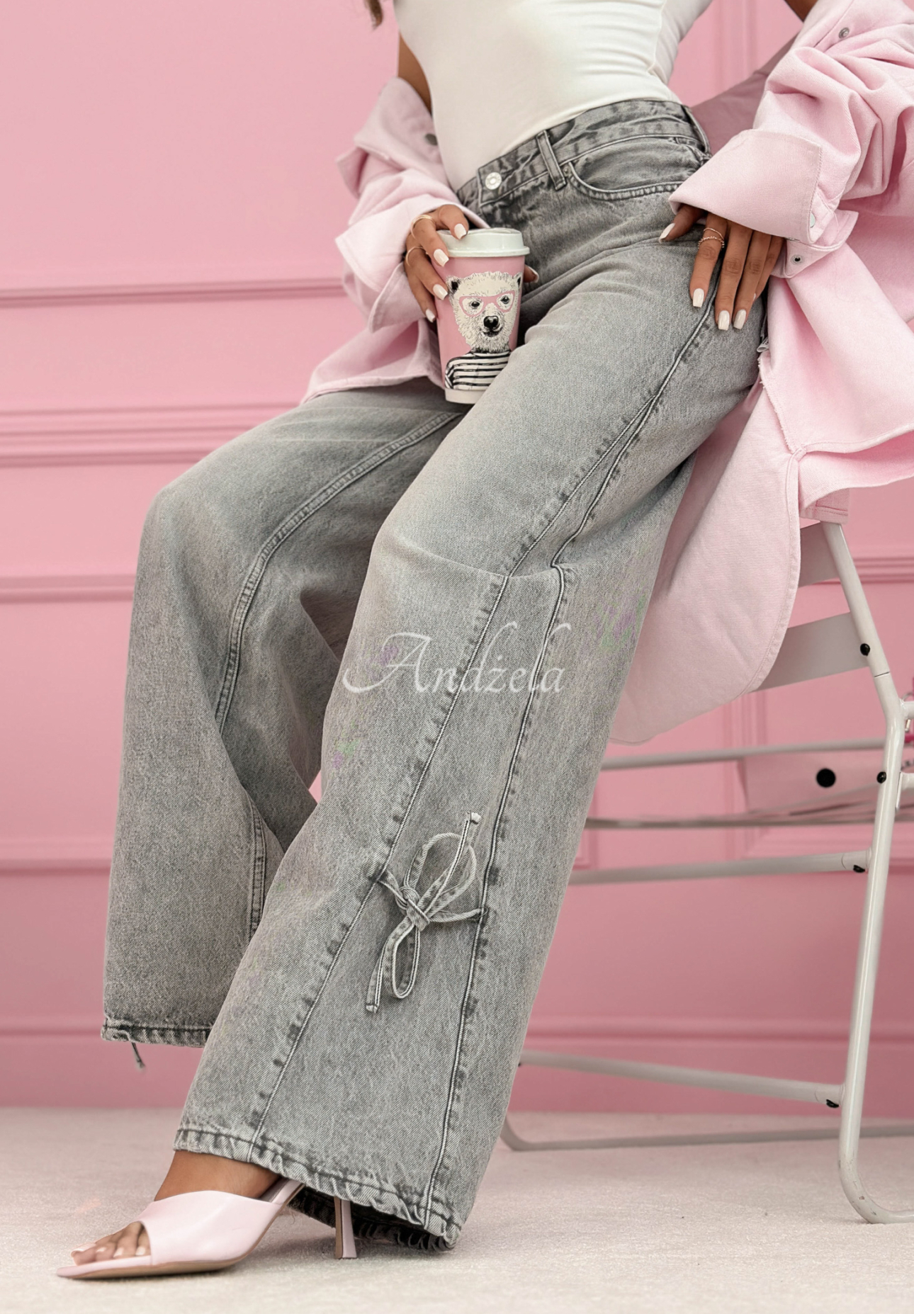 Aracello light gray wide-leg jeans with bows