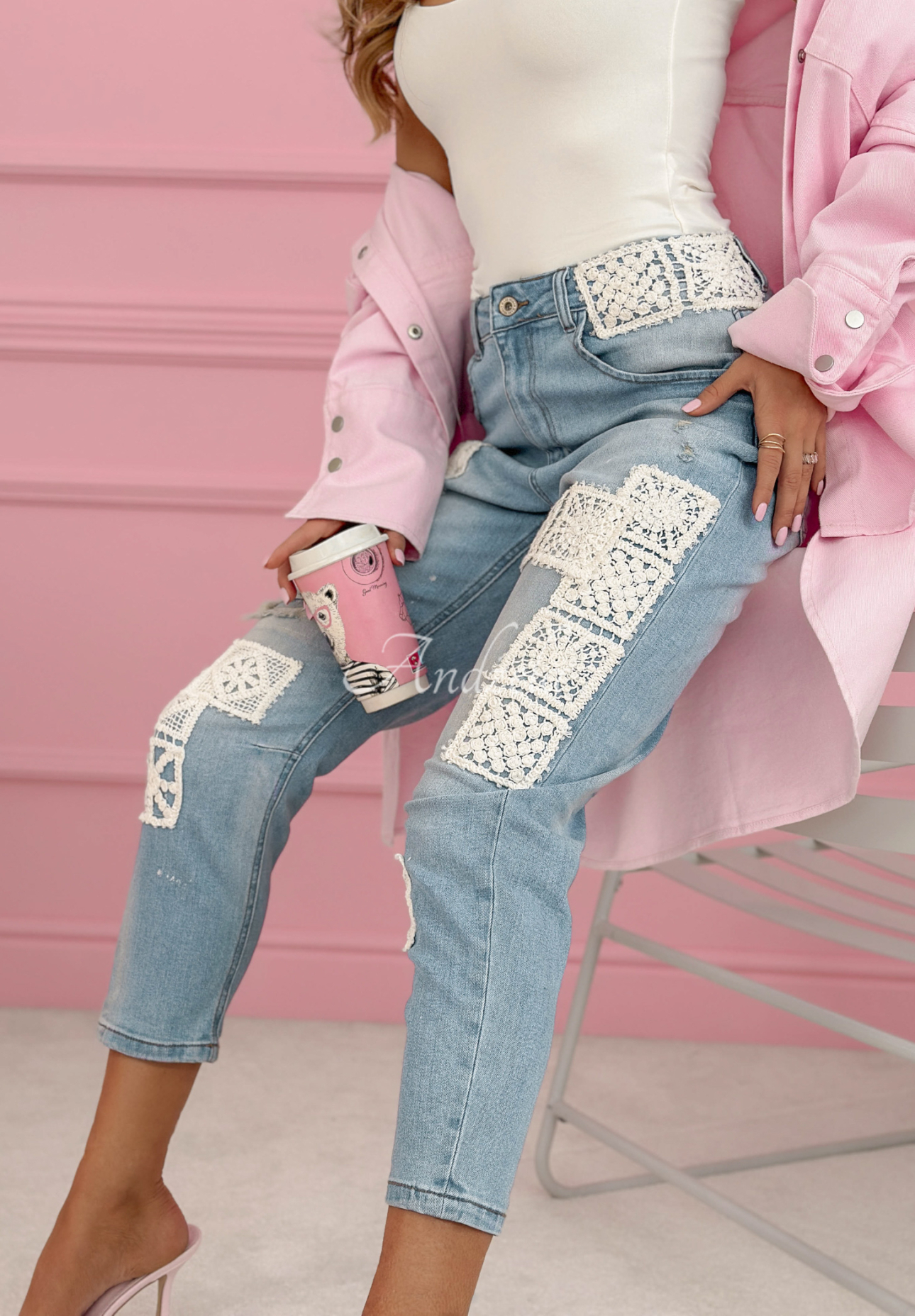 Funny Times light blue skinny jeans with lace patches