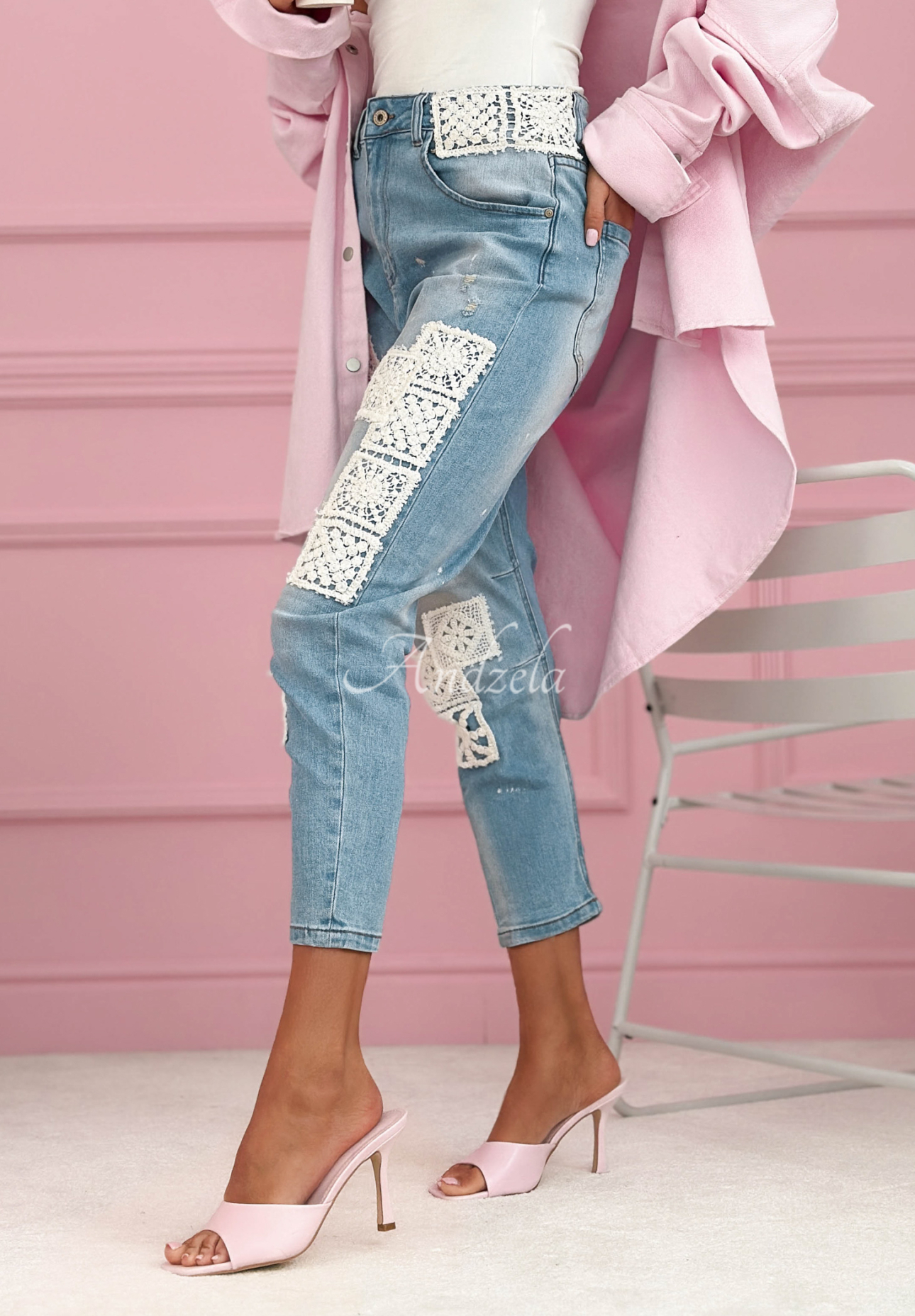 Skinny Jeans mit Spitzenapplikationen Funny Times Hellblau