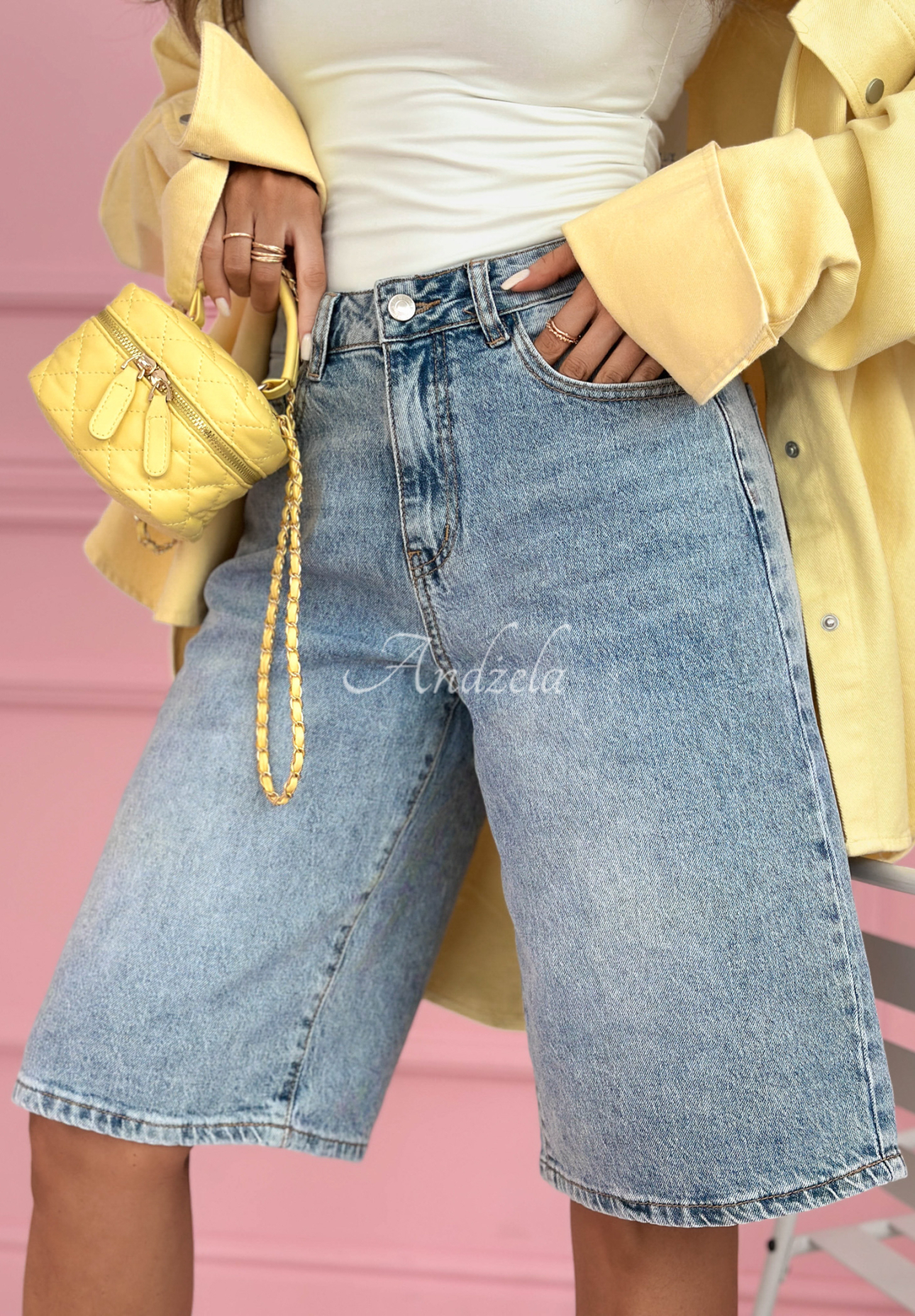 Ottavia light blue denim Bermuda shorts with crystals