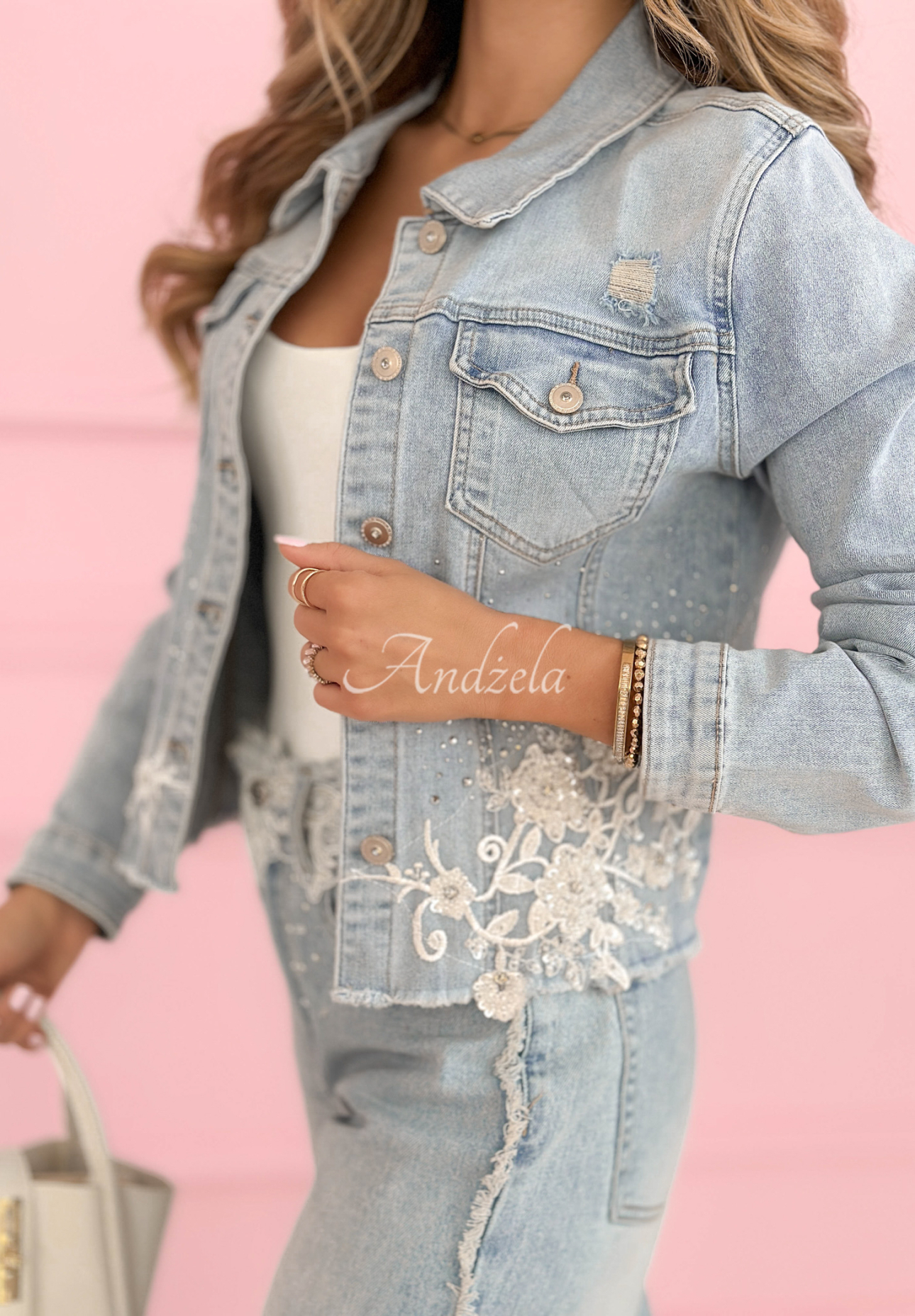 Elsinette short denim jacket with lace, light blue