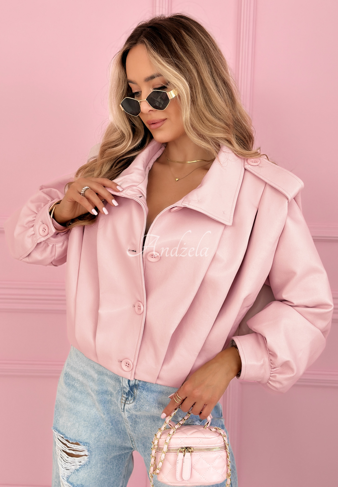 Kurze Lederjacke mit Kragen Valleria Puderrosa