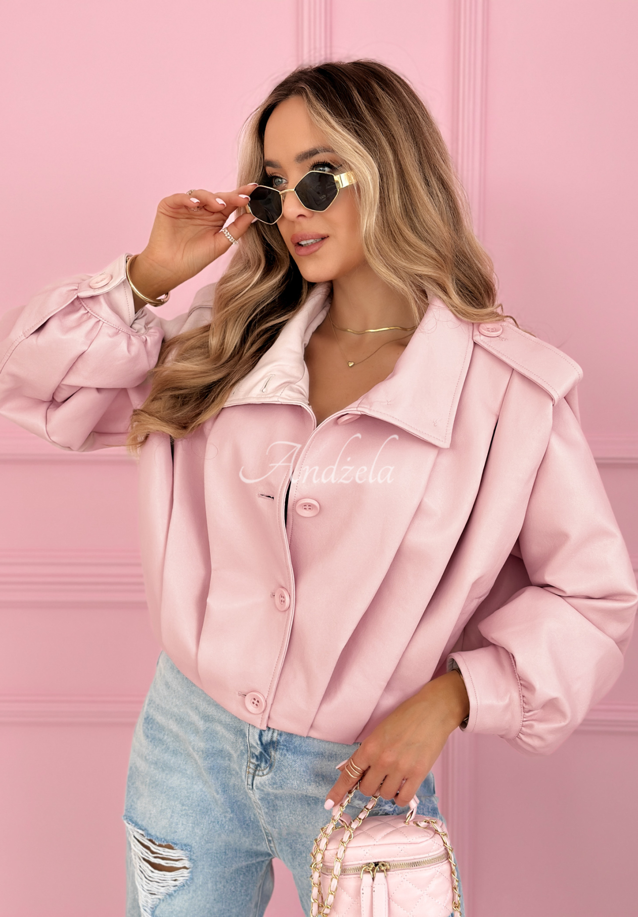 Kurze Lederjacke mit Kragen Valleria Puderrosa