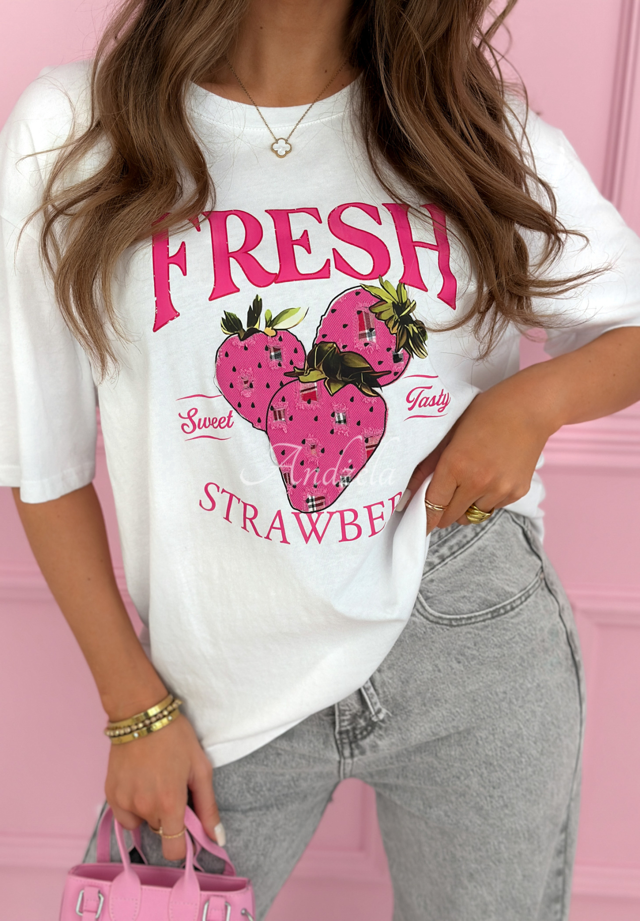 Baumwoll-T-Shirt mit Aufdruck Fresh Strawberries Weiß