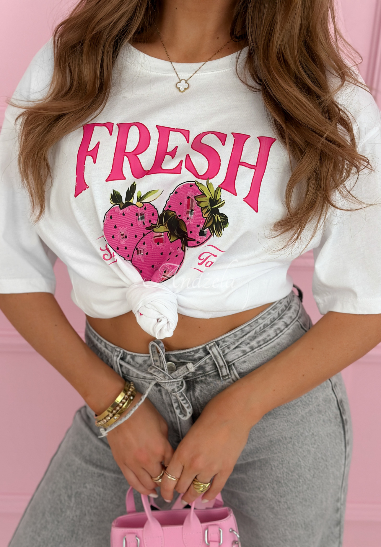 Baumwoll-T-Shirt mit Aufdruck Fresh Strawberries Weiß