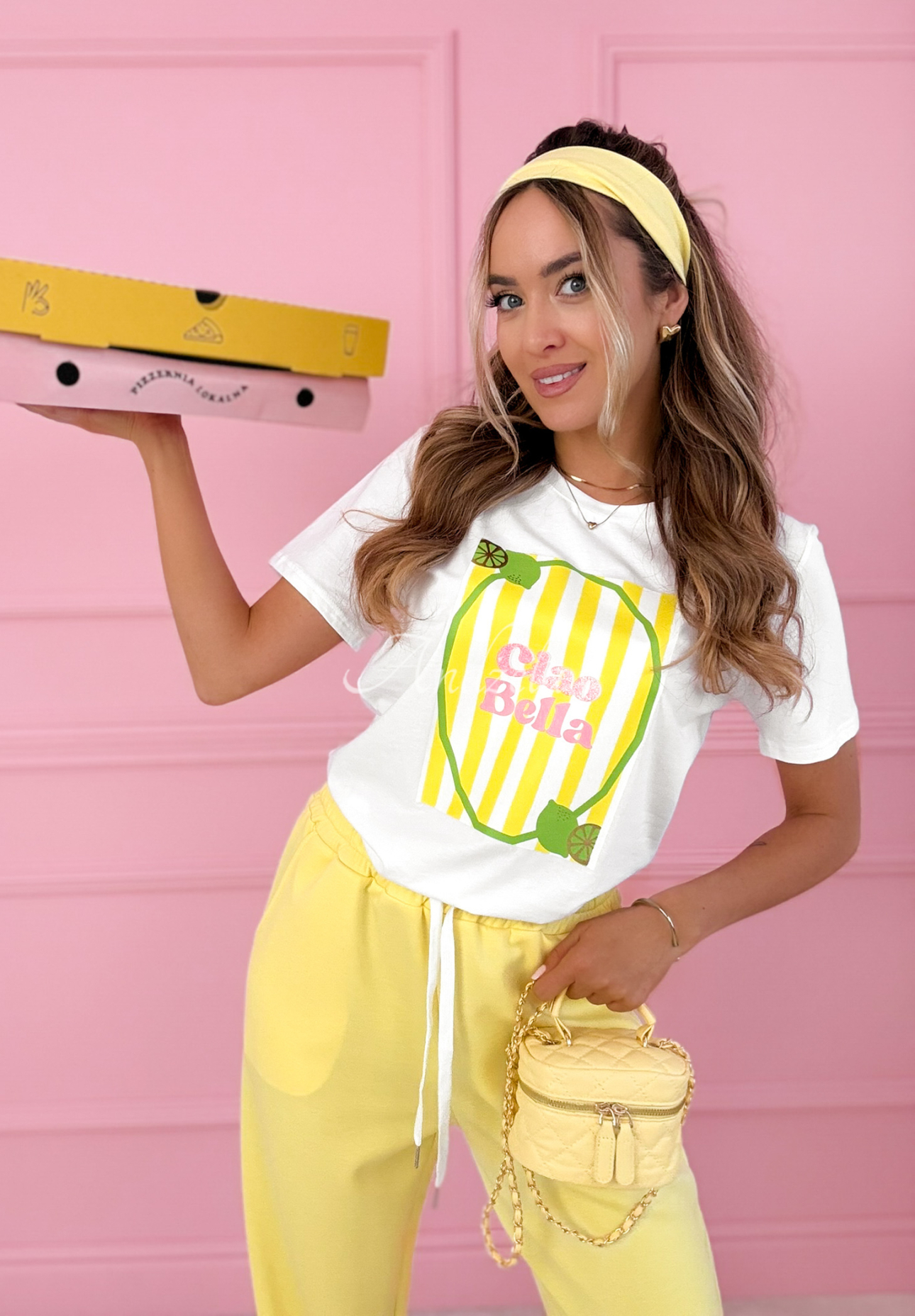 Baumwoll-T-Shirt mit Aufdruck Ciao Bella weiß-Gelb