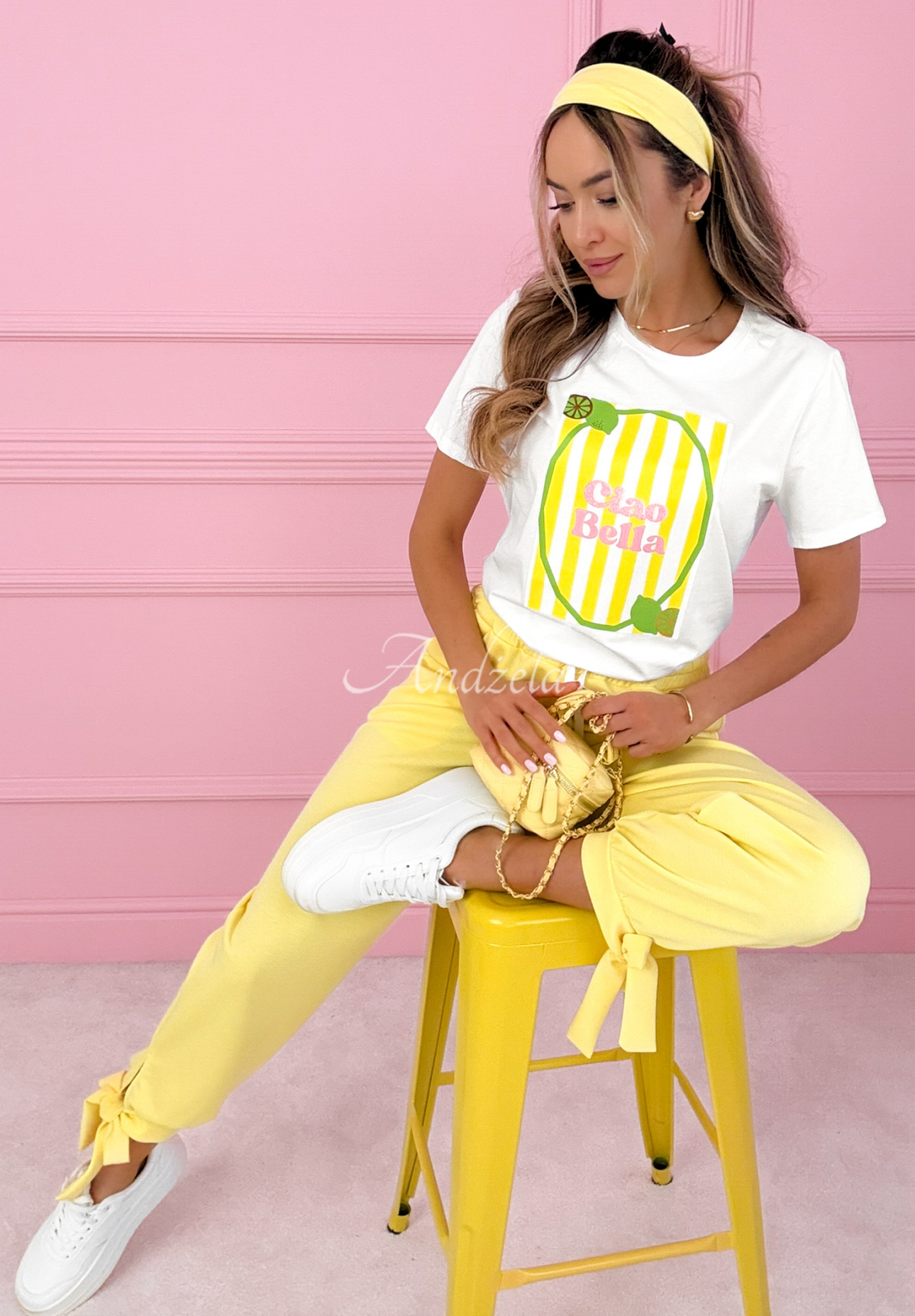 Baumwoll-T-Shirt mit Aufdruck Ciao Bella weiß-Gelb