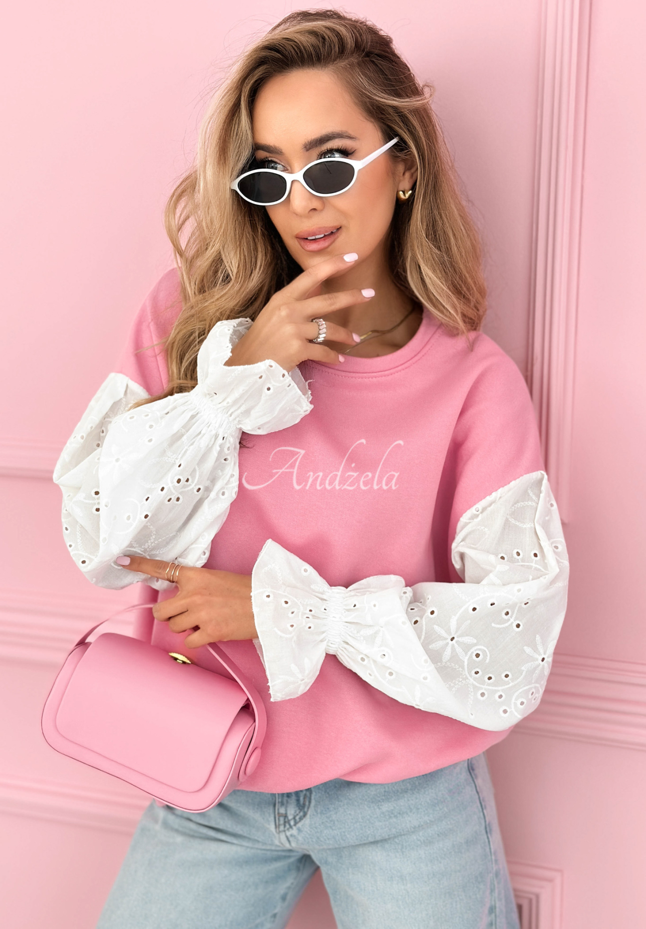 Leonora pink cotton sweatshirt with openwork sleeves