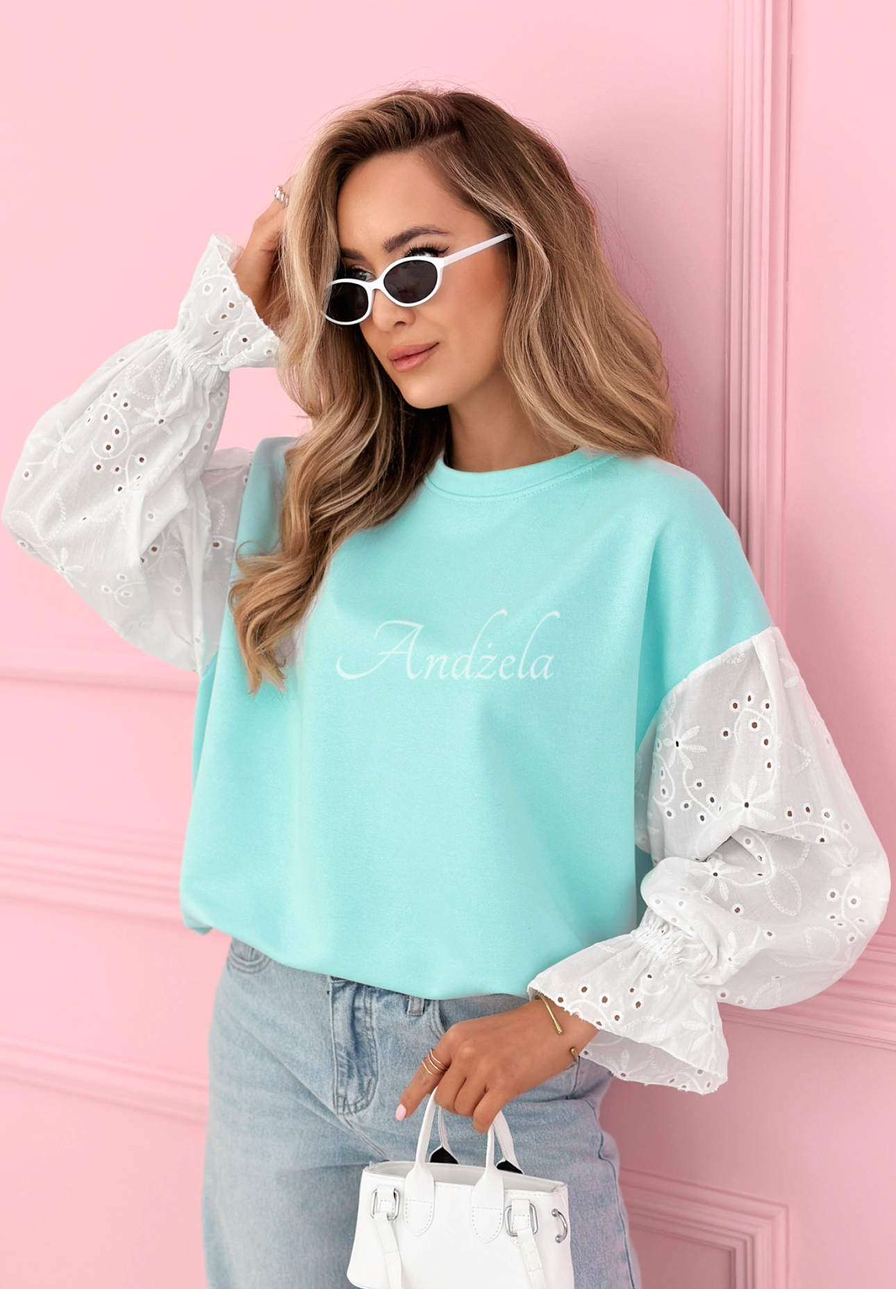 Leonora blue cotton sweatshirt with openwork sleeves