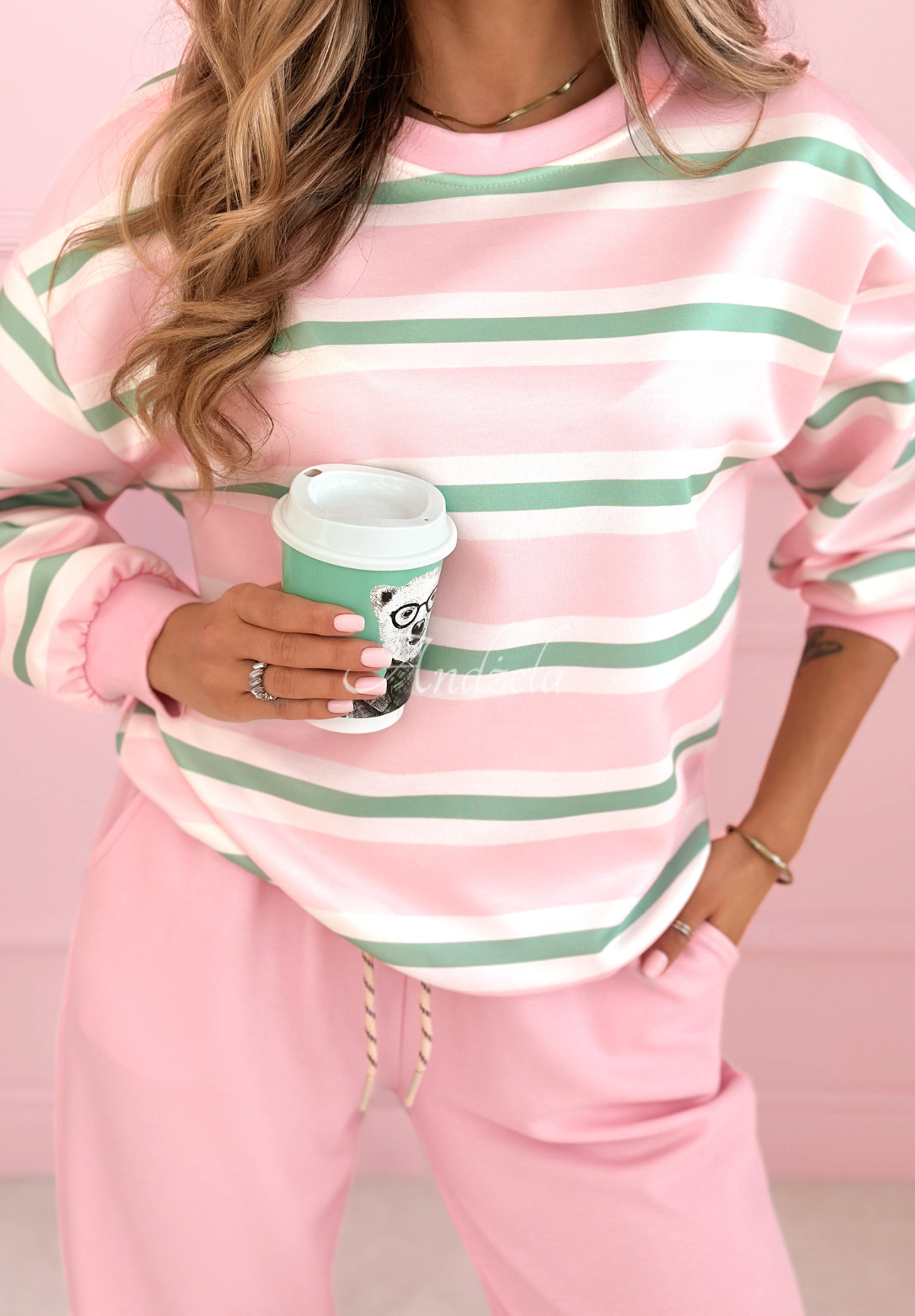 Delightful Lines pink and pistachio striped viscose tracksuit set