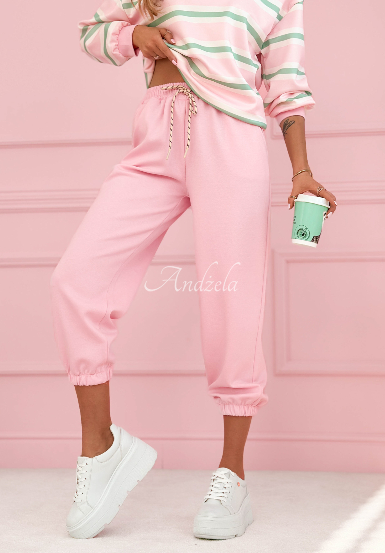 Delightful Lines pink and pistachio striped viscose tracksuit set