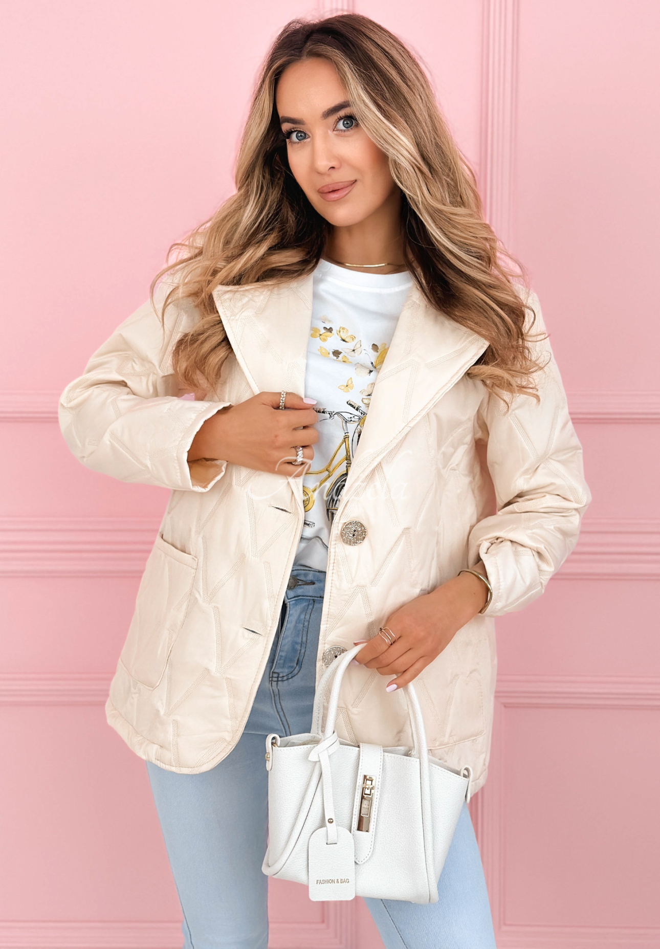 Quilted jacket with collar and pockets Oleander beige