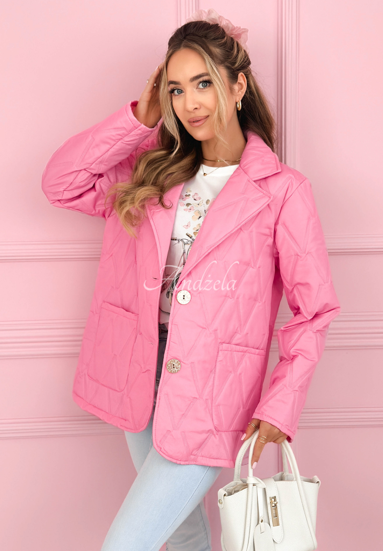 Steppjacke mit Kragen und Taschen Oleander Rosa