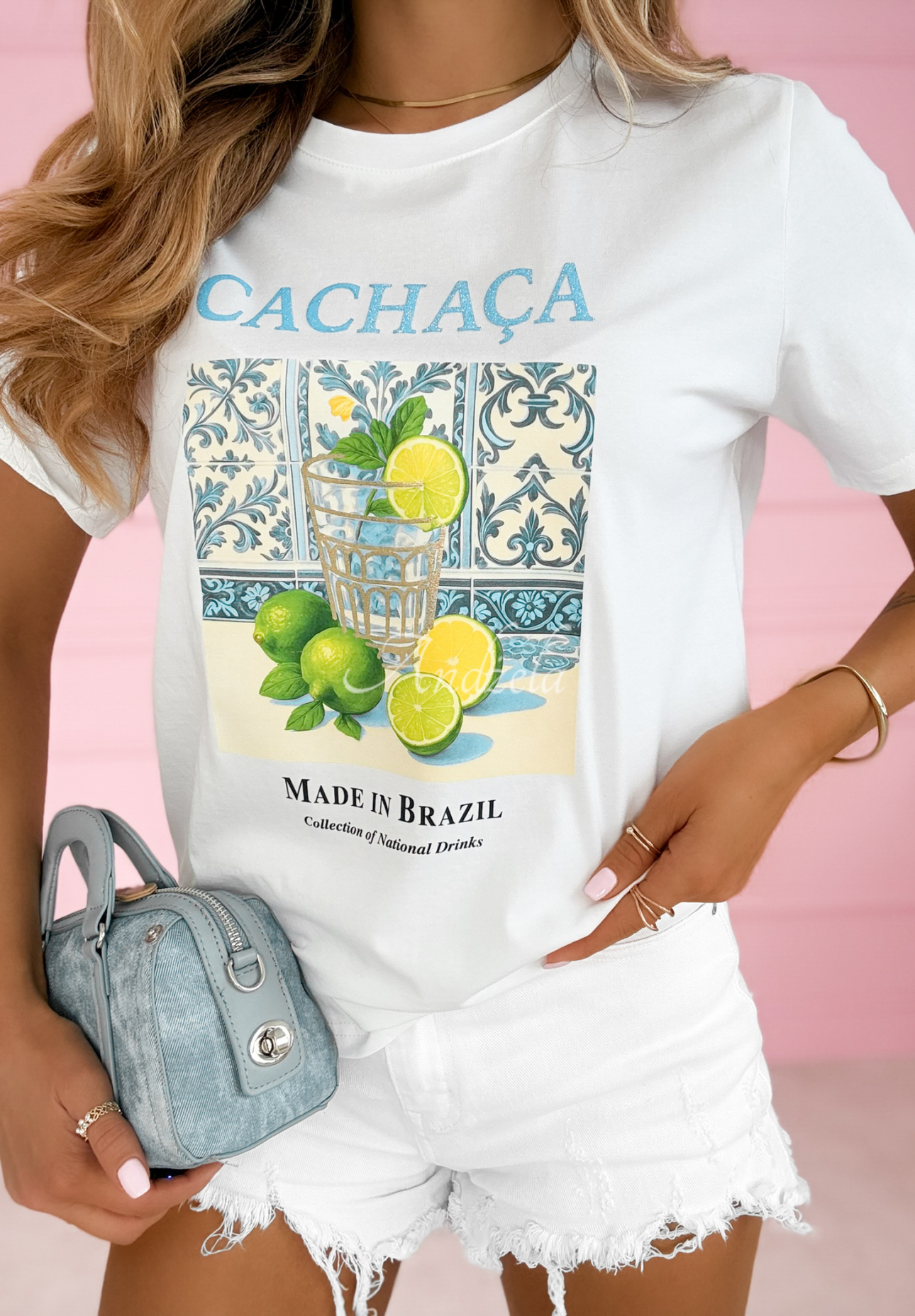 Cotton T-shirt with Cachaca Lemon print, white and blue