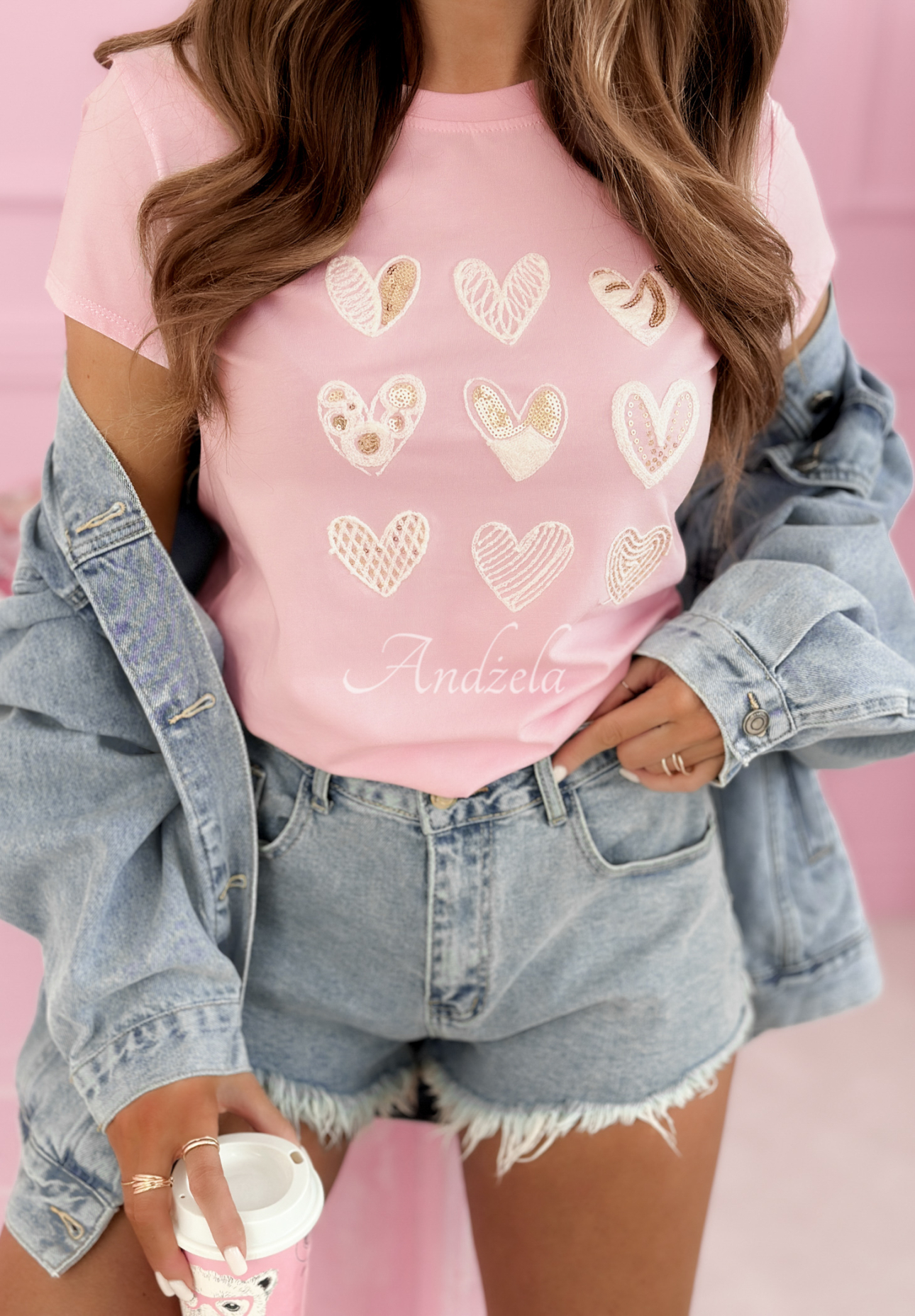 Baumwoll-T-Shirt mit Herzen A Lot Of Hearts Rosa