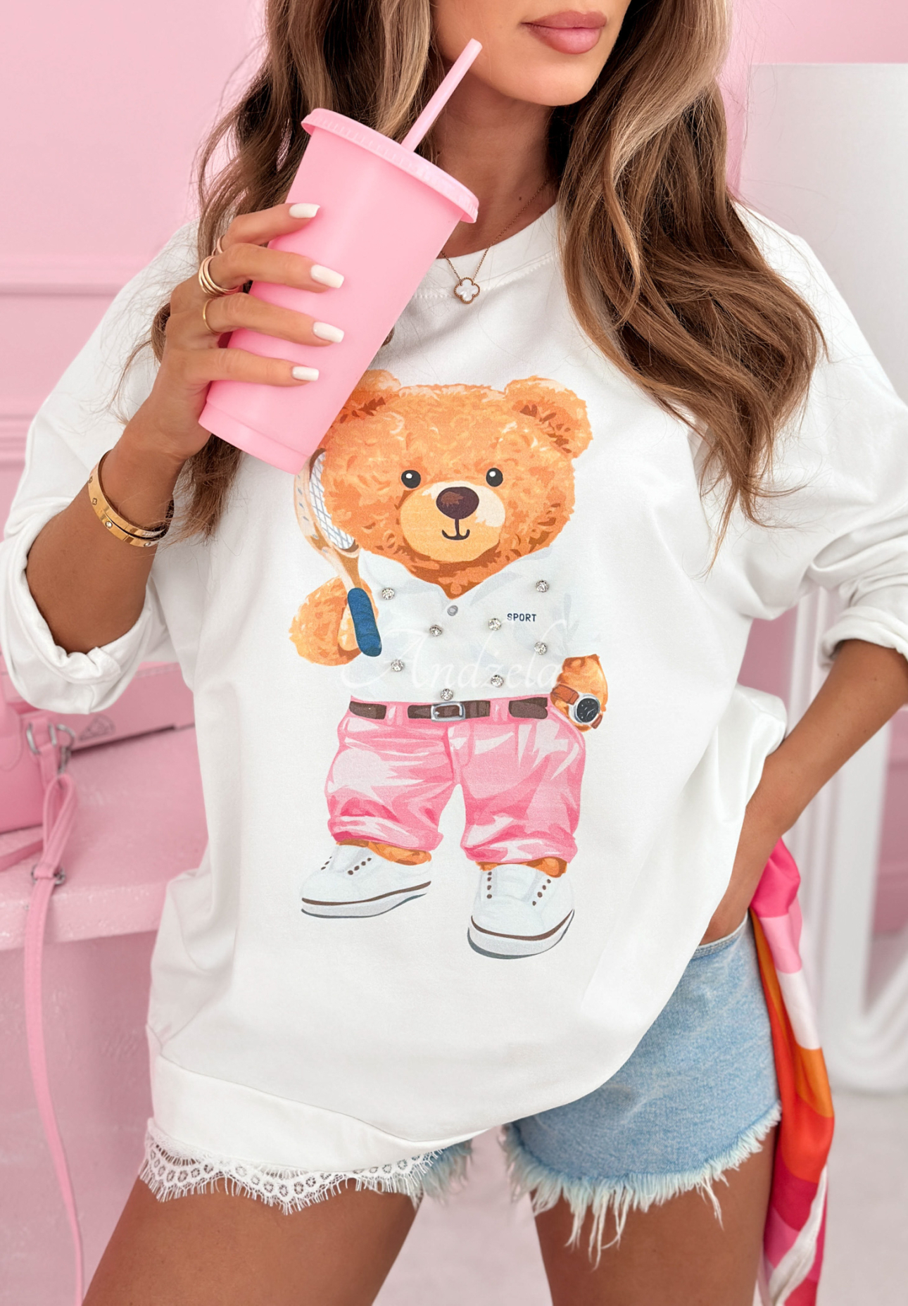 Baumwoll-Sweatshirt mit Aufdruck und Spitze Tennis Teddy Ecru