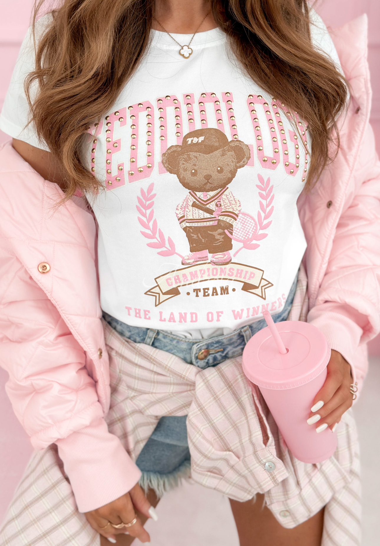 Cotton T-shirt with Teddiology print, white and pink