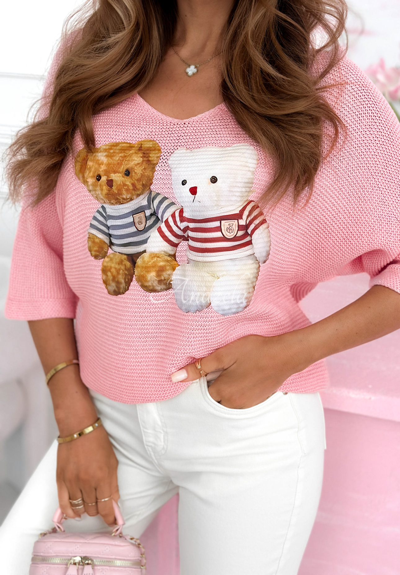 Leichter Baumwollpullover mit Teddybären Bearry Cute Rosa