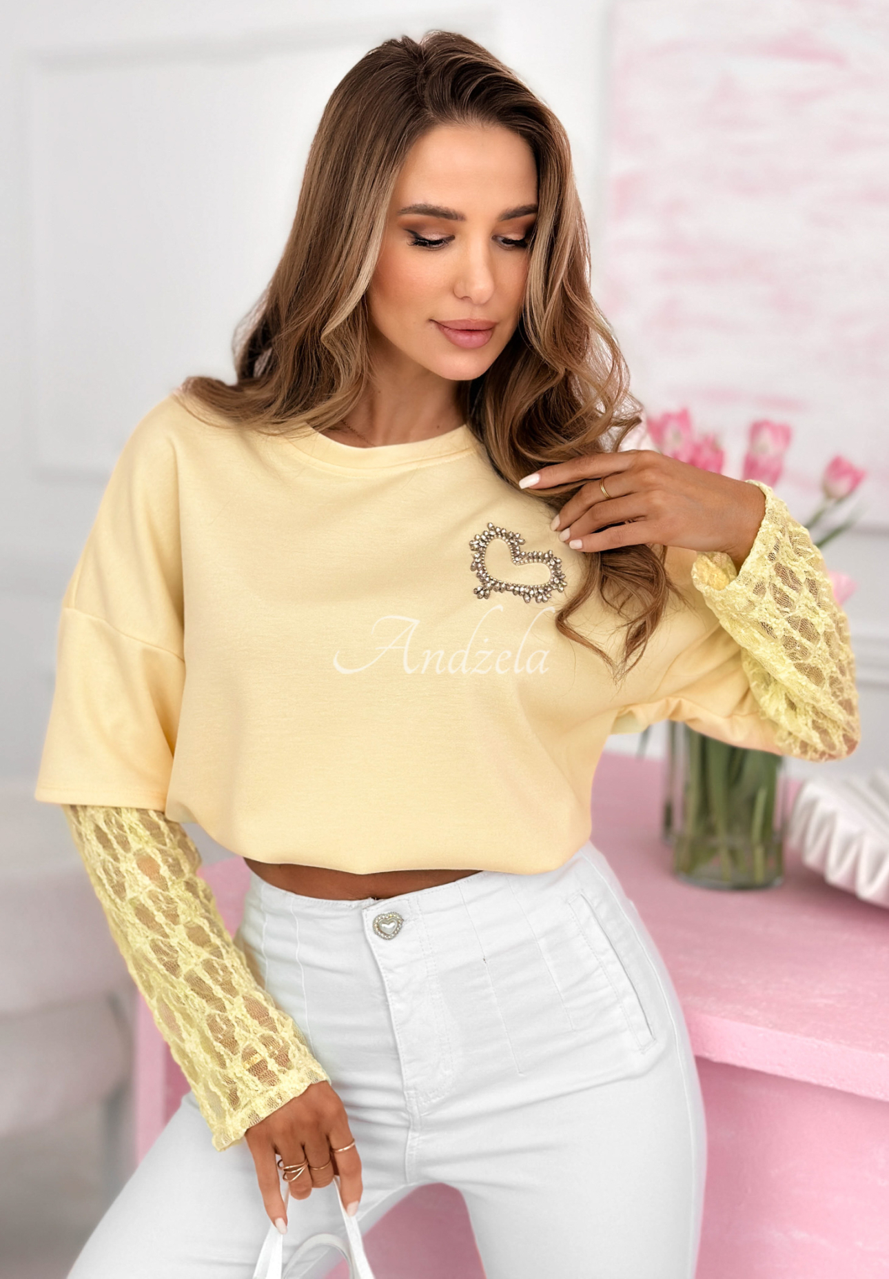 Viskosebluse mit Ärmeln aus Spitze und Herz Addison Gelb