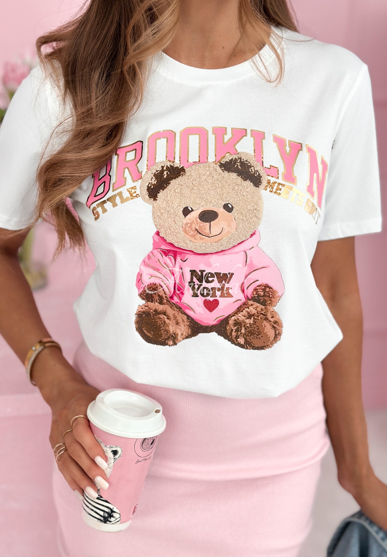 Baumwoll T-Shirt mit Aufdruck Brooklyn Style Weiß