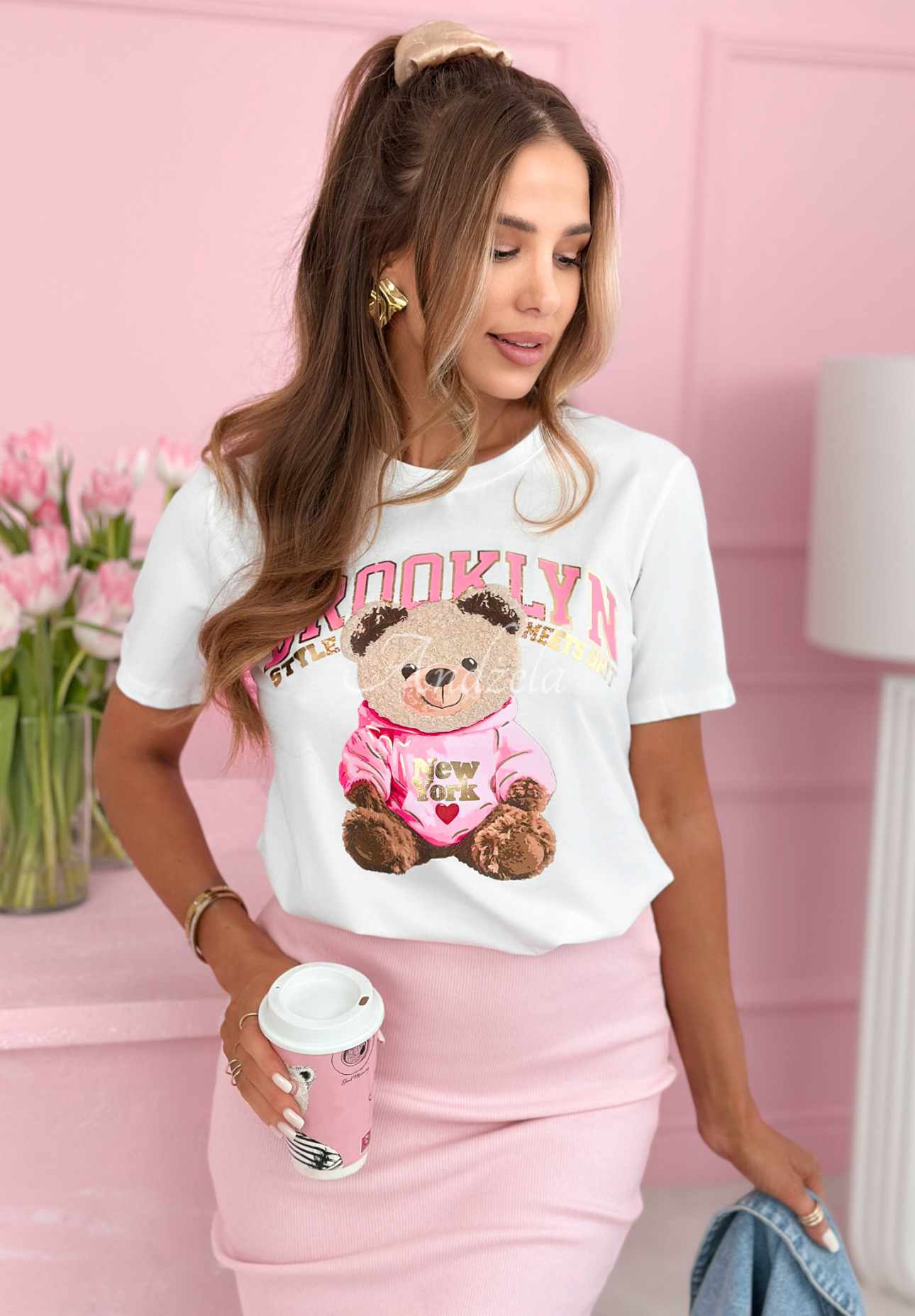 Baumwoll T-Shirt mit Aufdruck Brooklyn Style Weiß