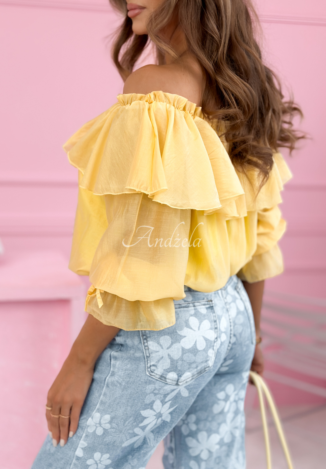 Arlena yellow silk off-the-shoulder blouse with frills