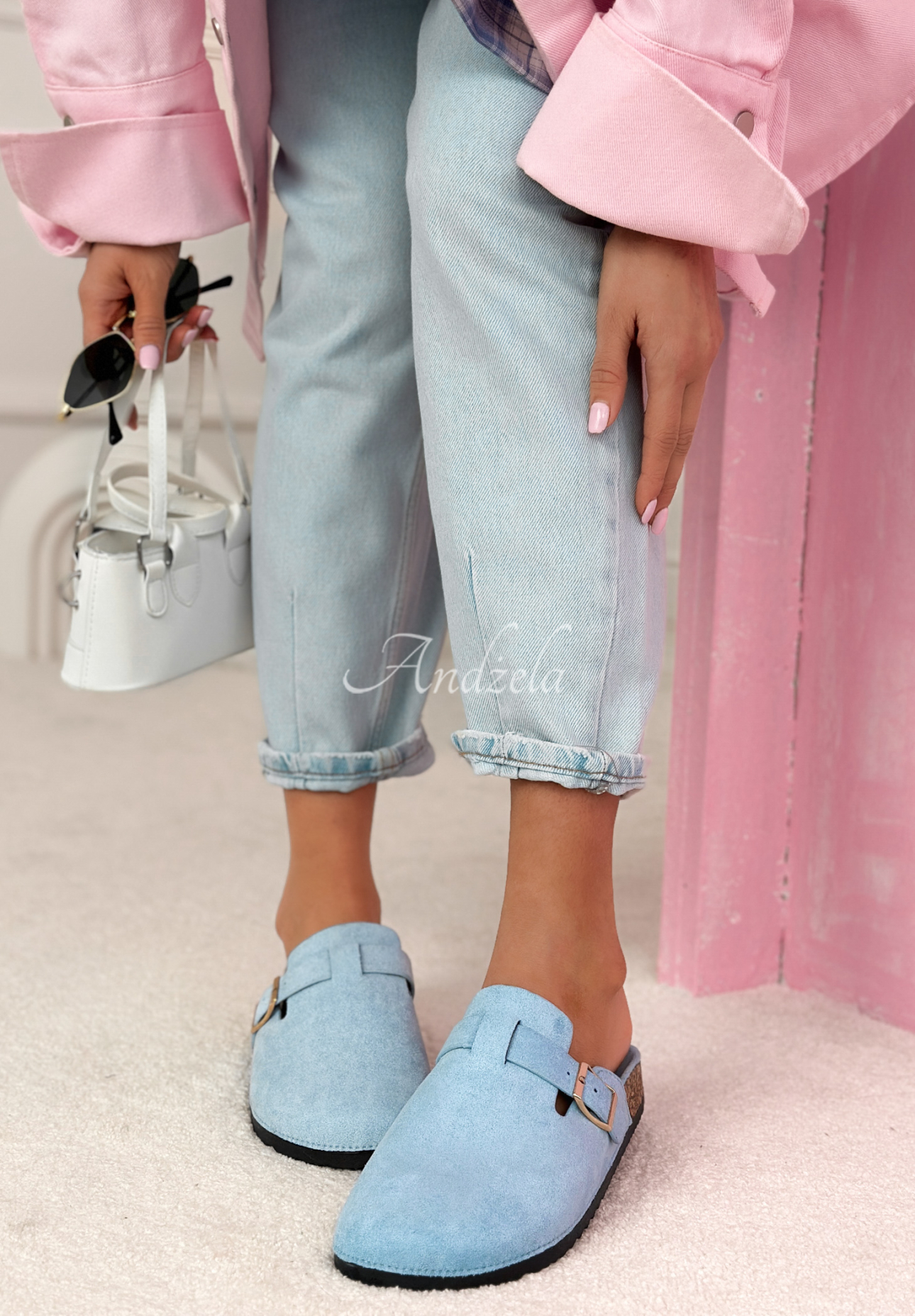 Wildleder-Pantoletten mit Riemchen Madison Himmelblau