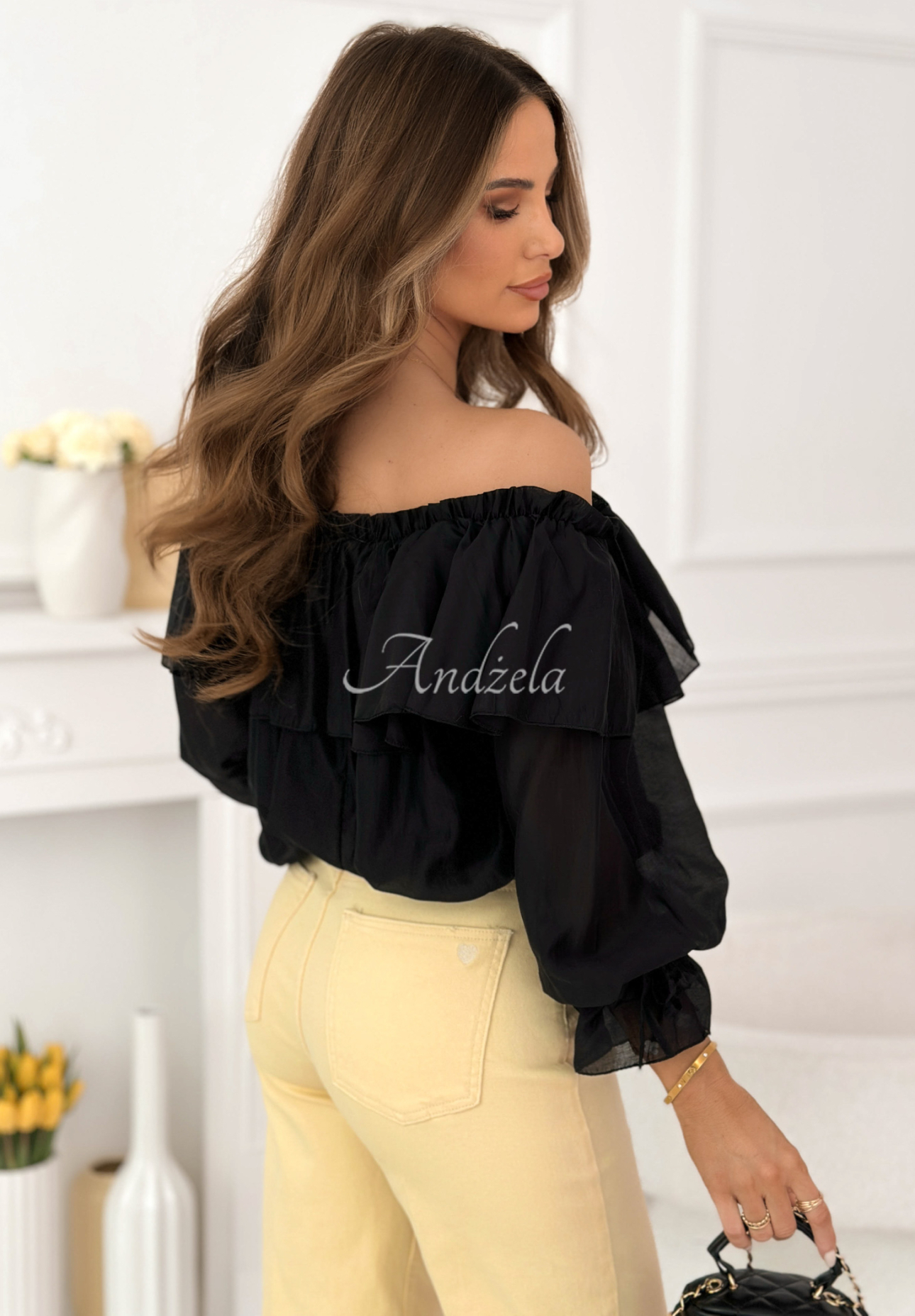 Seiden Off-Shoulder-Bluse mit Rüschen Arlena Schwarz
