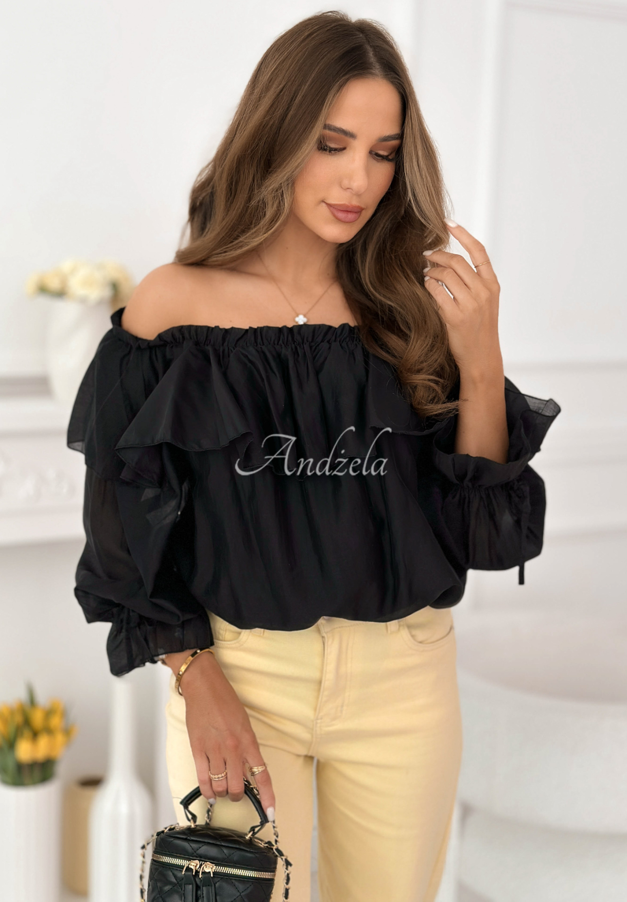 Arlena black silk off-the-shoulder blouse with frills