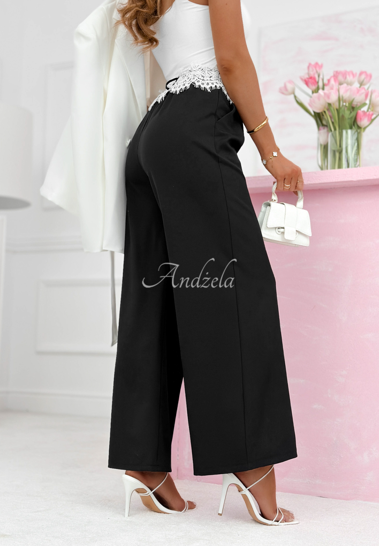Melodine black wide-leg fabric pants with lace